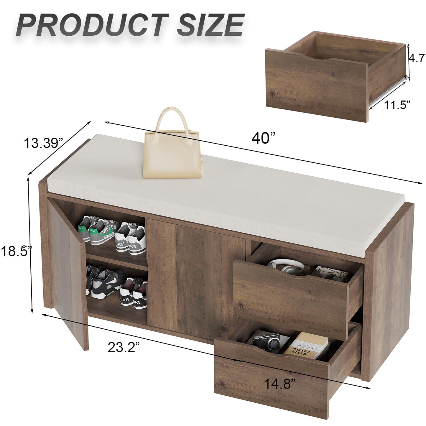 LVB Entryway Bench with Storage, 100 CM Storage Bench with Padded Cushioned Seat, Farmhouse Shoe Bench with 2 Drawers Cabinet Shelf