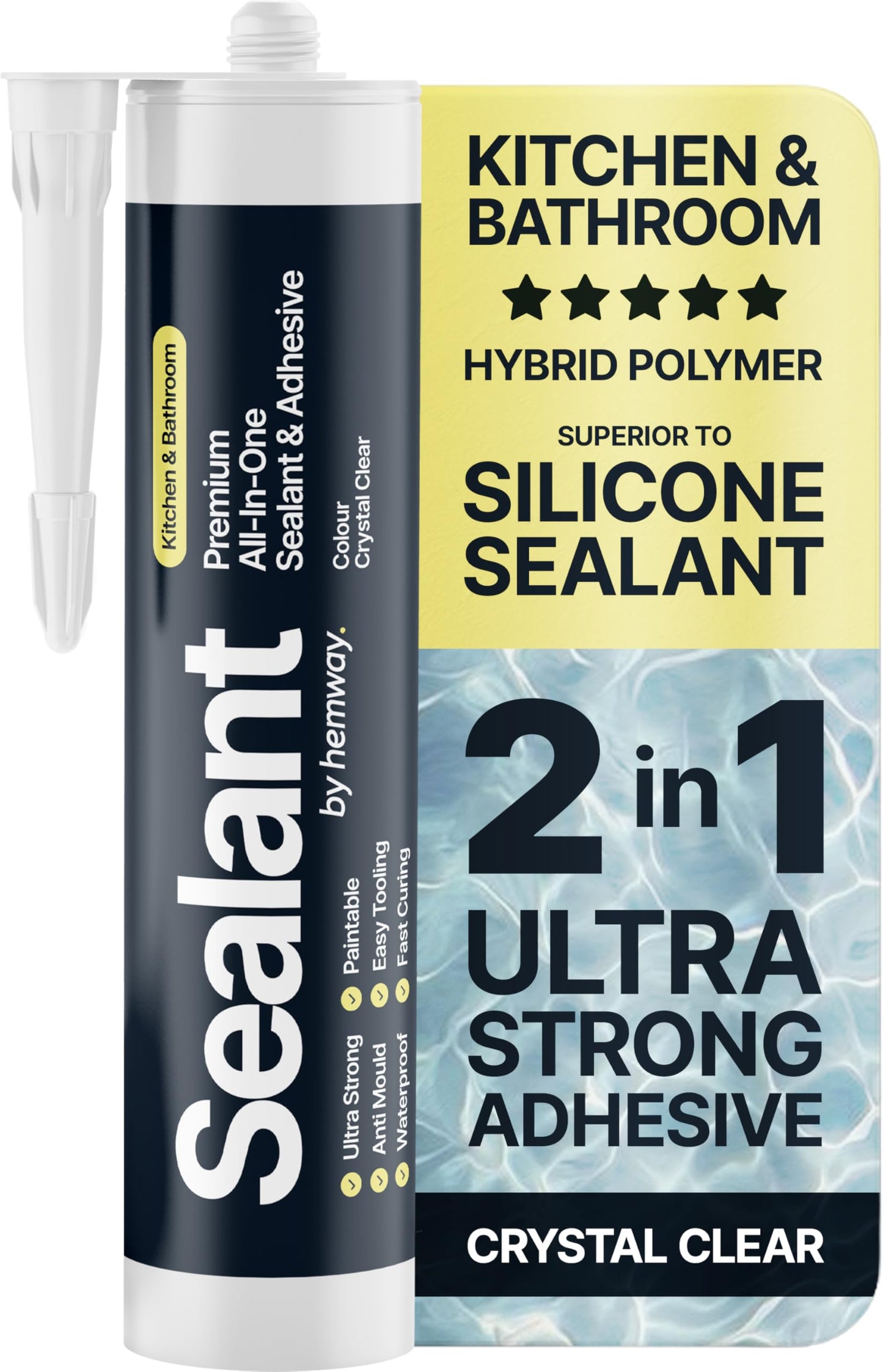 Crystal Clear Kitchen & Bathroom Sealant & Adhesive Hybrid Polymer | Superior to Bathroom Silicone Sealant | Waterproof, Odourless, Anti-Mould | Ideal