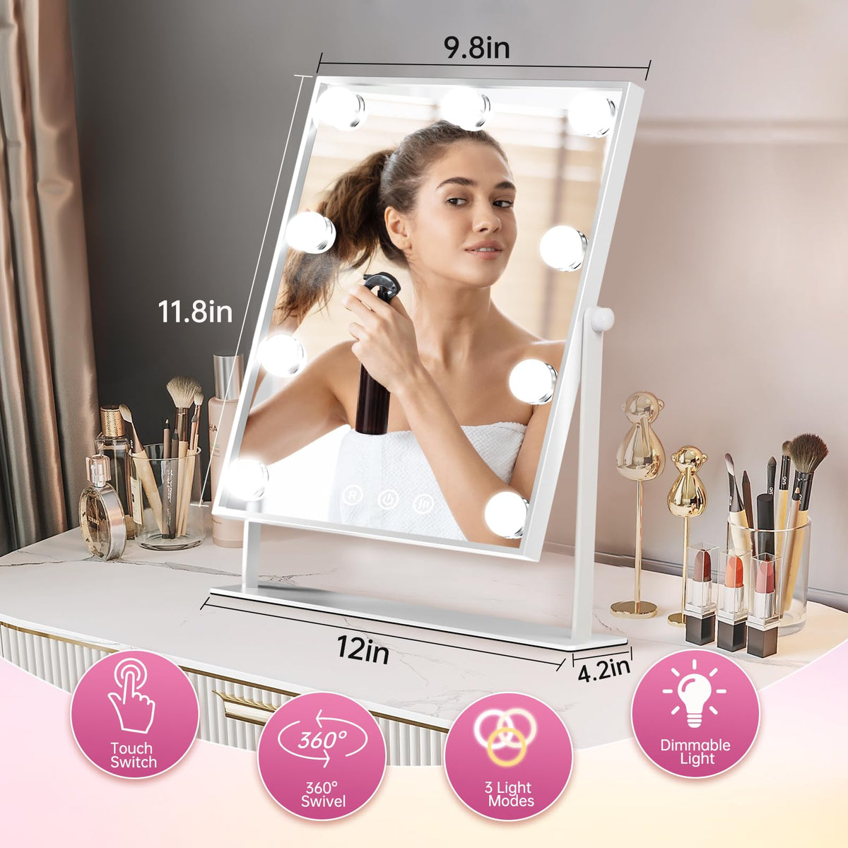 FUNTOUCH Makeup Mirror with Lights, Hollywood Vanity Mirror with 3 Colors Lighting Modes, Touch Control, 360Ratation, Dimmable 9 LED Bulbs Lighted
