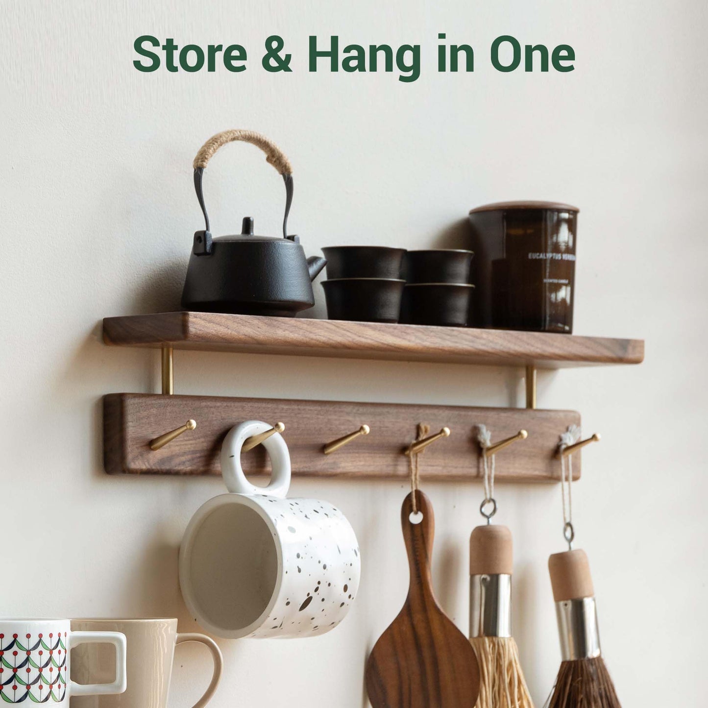 YESWOOD Solid Walnut Wall Mounted Coat Rack with Shelf, 6 Brass Hooks, 48cm
