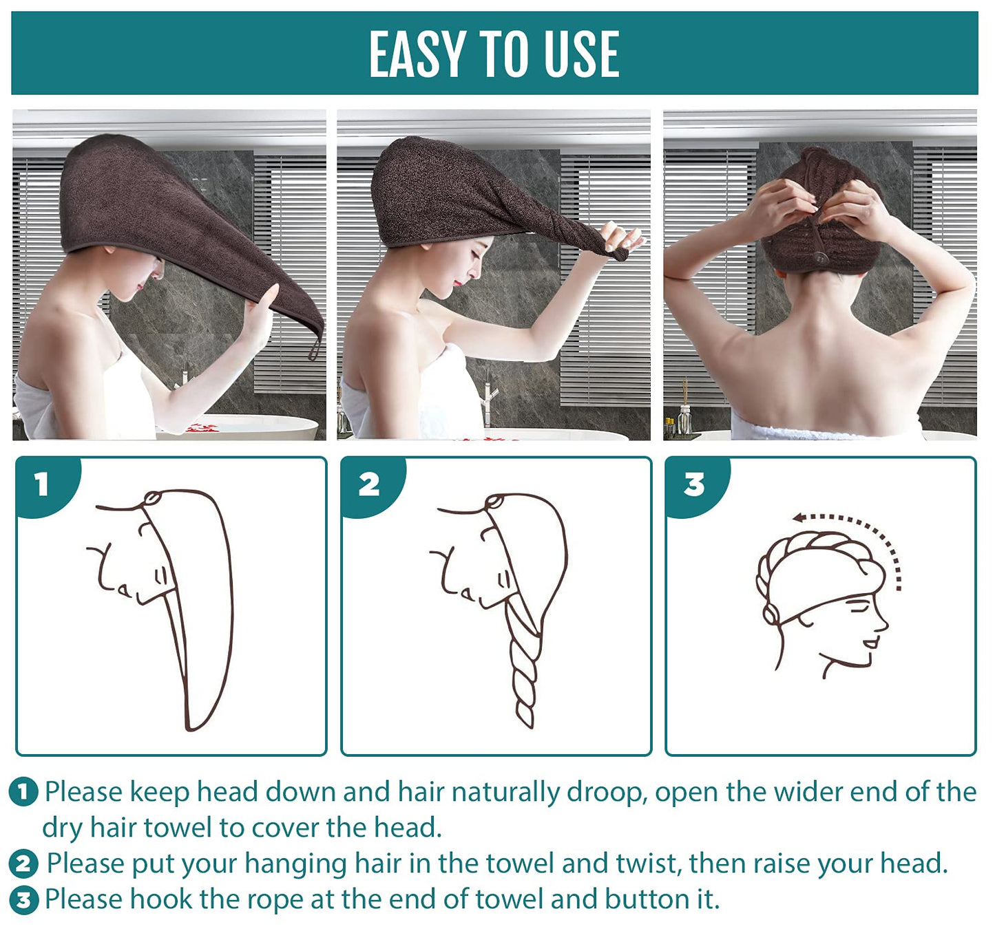 LUXURY Hair Towel Wrap 100% Cotton, Instant Drying Lightweight Turban Hair Cap Super Quick Absorbent Anti-Frizz Twist Toweling Dry Hat Button Loop