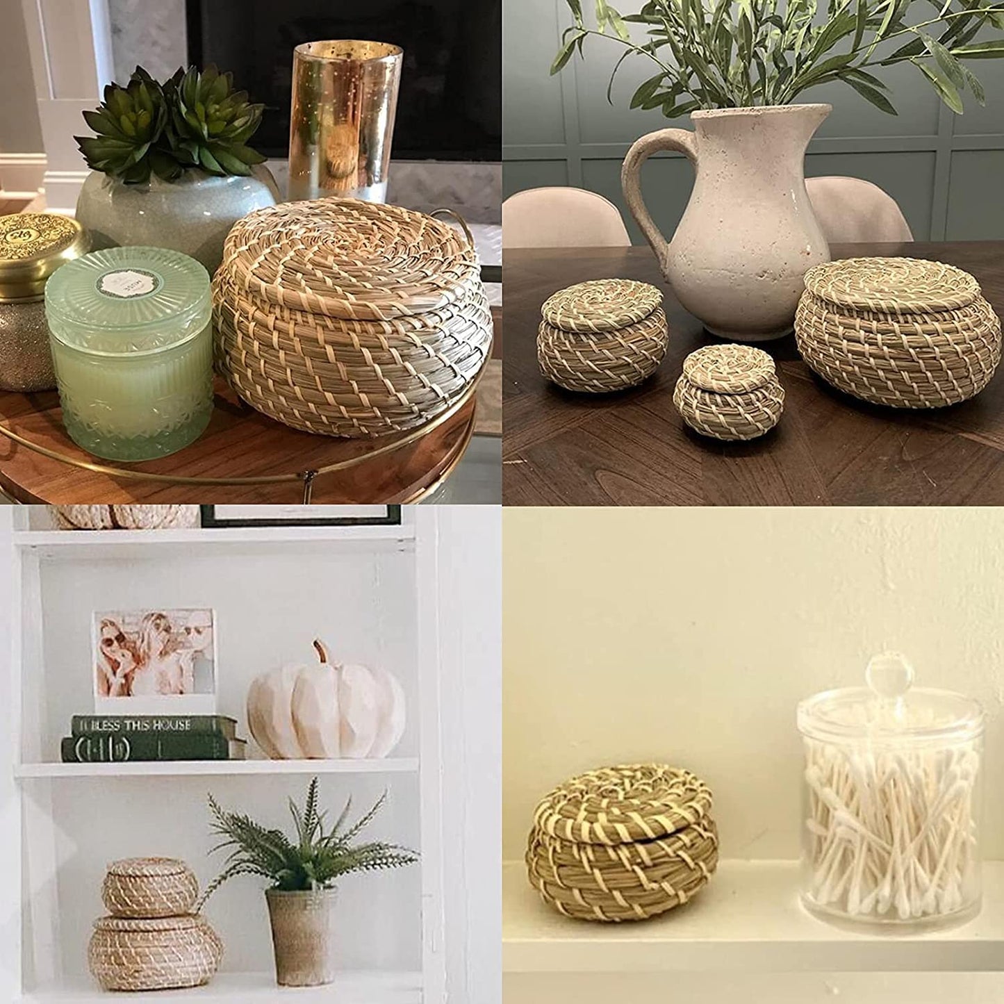 Dicunoy Set of 3 Small Wicker Basket with Lid, Round Woven Seagrass Baskets, Little Handmade Rattan Storage Basket Box for Shelf, Home, Bathroom