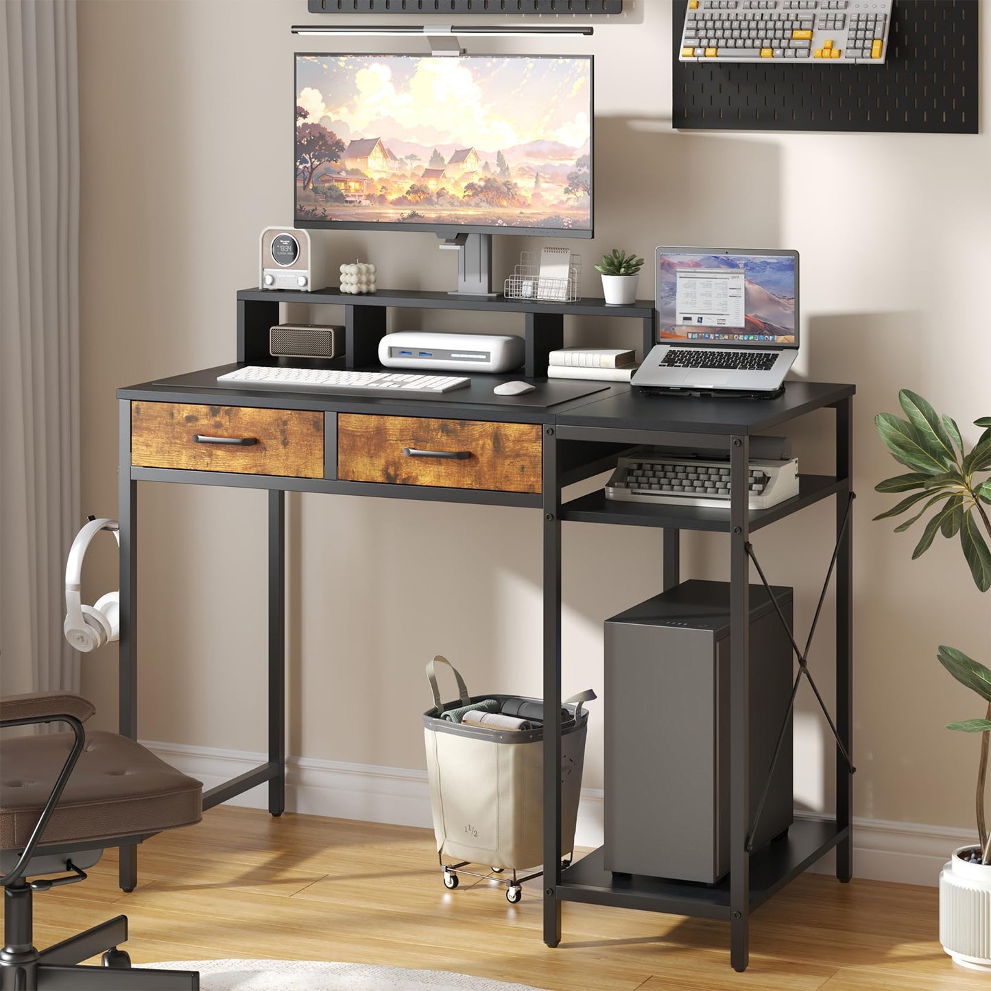 Feonase Ergonomic Computer Desk with Monitor Riser, 2 Under-Desk Drawers, CPU Stand & Hook – MDF Desktop for Home Office, Gaming & Study Black