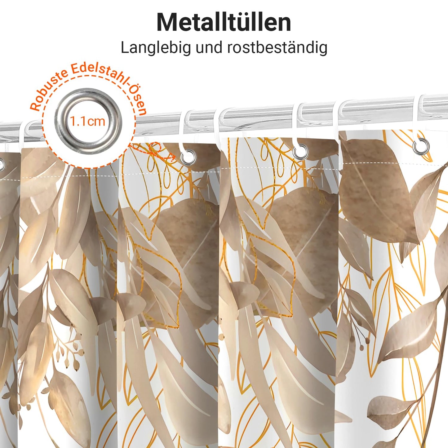 Lerores Shower Curtain, 240 x 200 cm, Grey Autumn Leaves, Weighted Hem, Anti-Mould, Water-Repellent