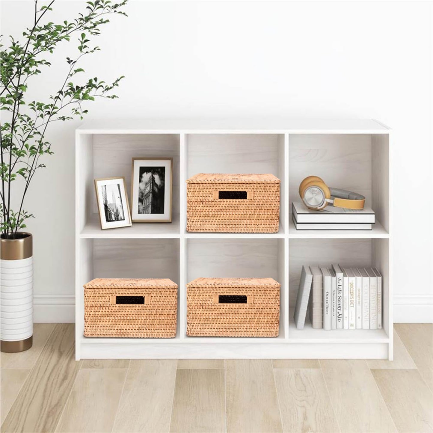 IGNPION Rattan Storage Basket With Lid, Wicker Decorative Storage Basket for Shelves Bathroom Woven Storage Box