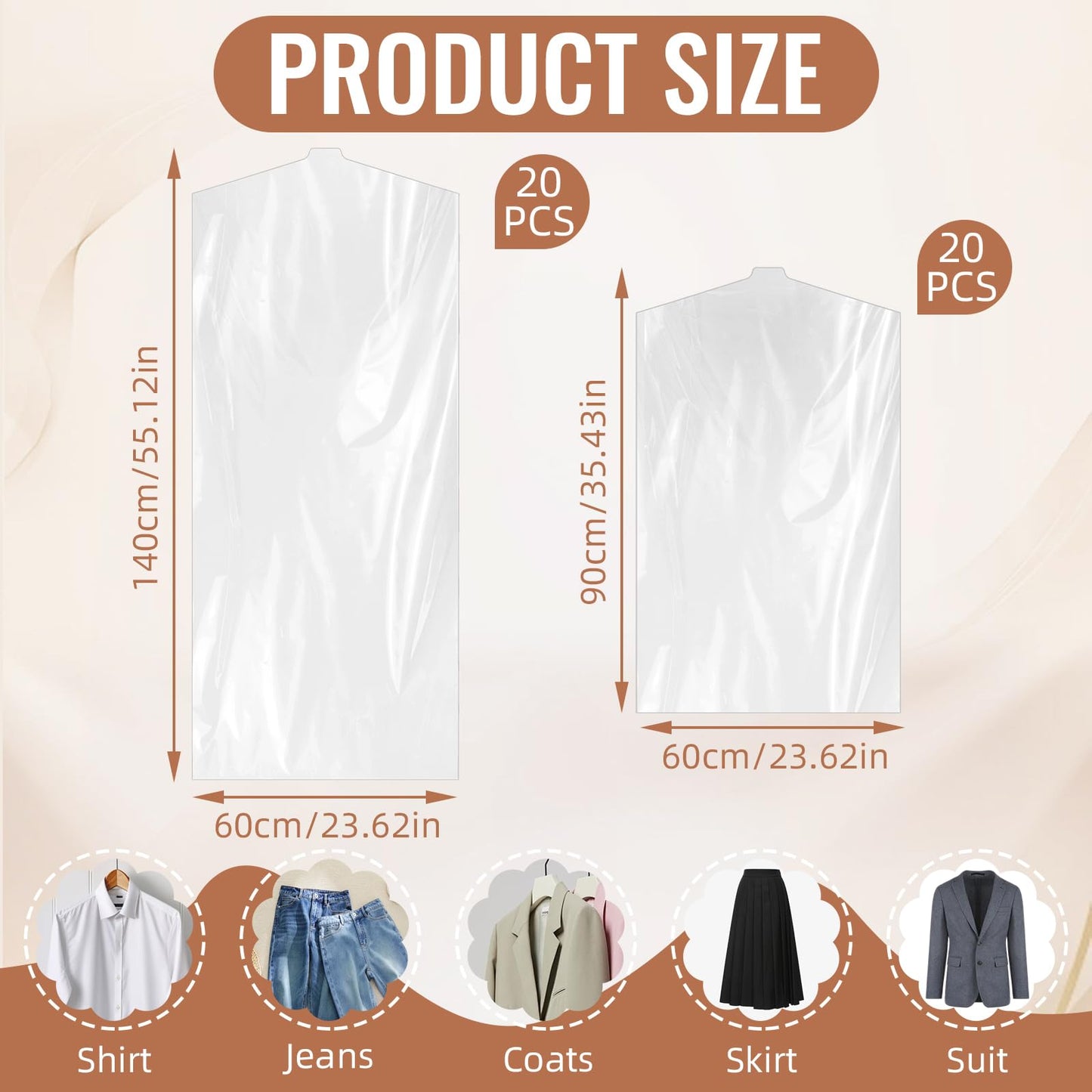 Plastic Clothes Covers 40 Pack, 60 x 90 cm and 60 x 140 cm, Dust Proof