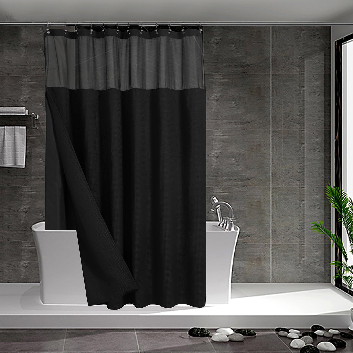 N&Y HOME Embossed Shower Curtain with Lining and Hooks Modern 71x84(Extra Long) Black
