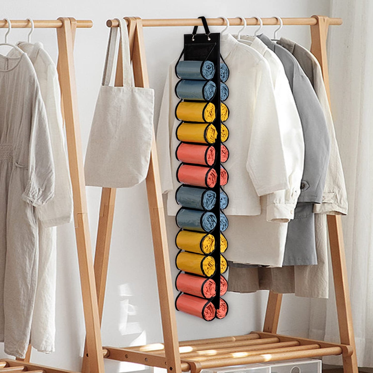 Lirex Hanging Yoga Legging Storage Organizer with 24 Pockets, Foldable Oxford Cloth Hanging Closet Organizer Shirts Jeans Storage Hanger Socks Holder