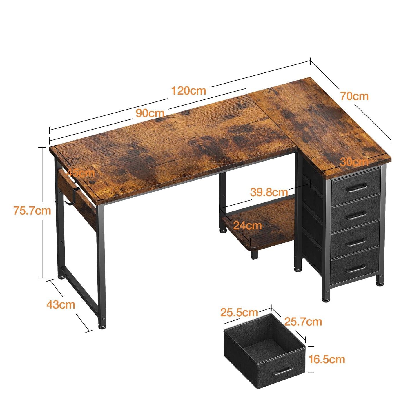 Coleshome Small Corner Desk with Drawers for Home Office, 120x70 cm, Brown