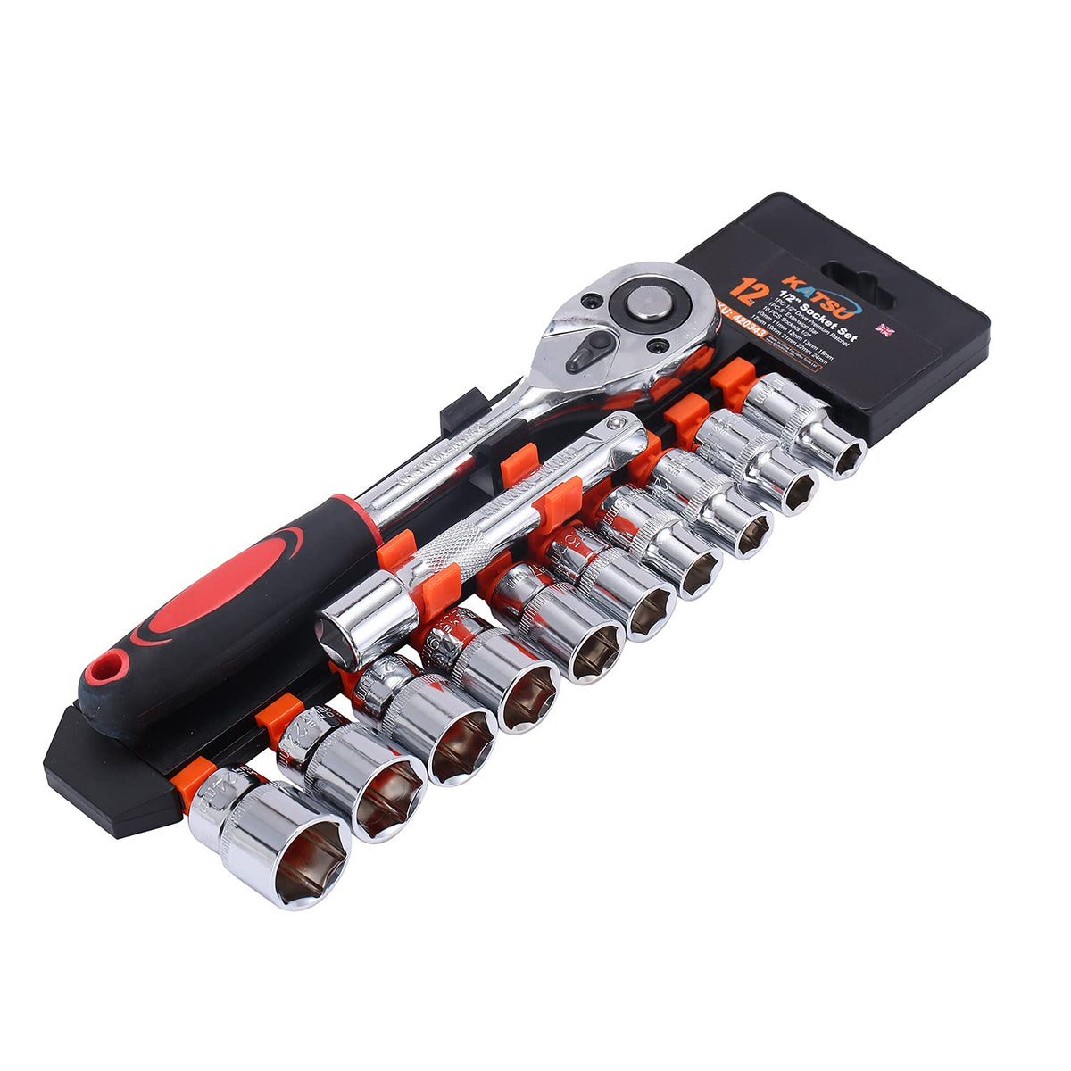 KATSU 1/2 Inch Socket Set 12Pcs, 10-24mm Metric Drive with 24-Teeth Quick-Released Ratchet Wrench and 5" Extension Bar, High Grade Chrome Vanadium