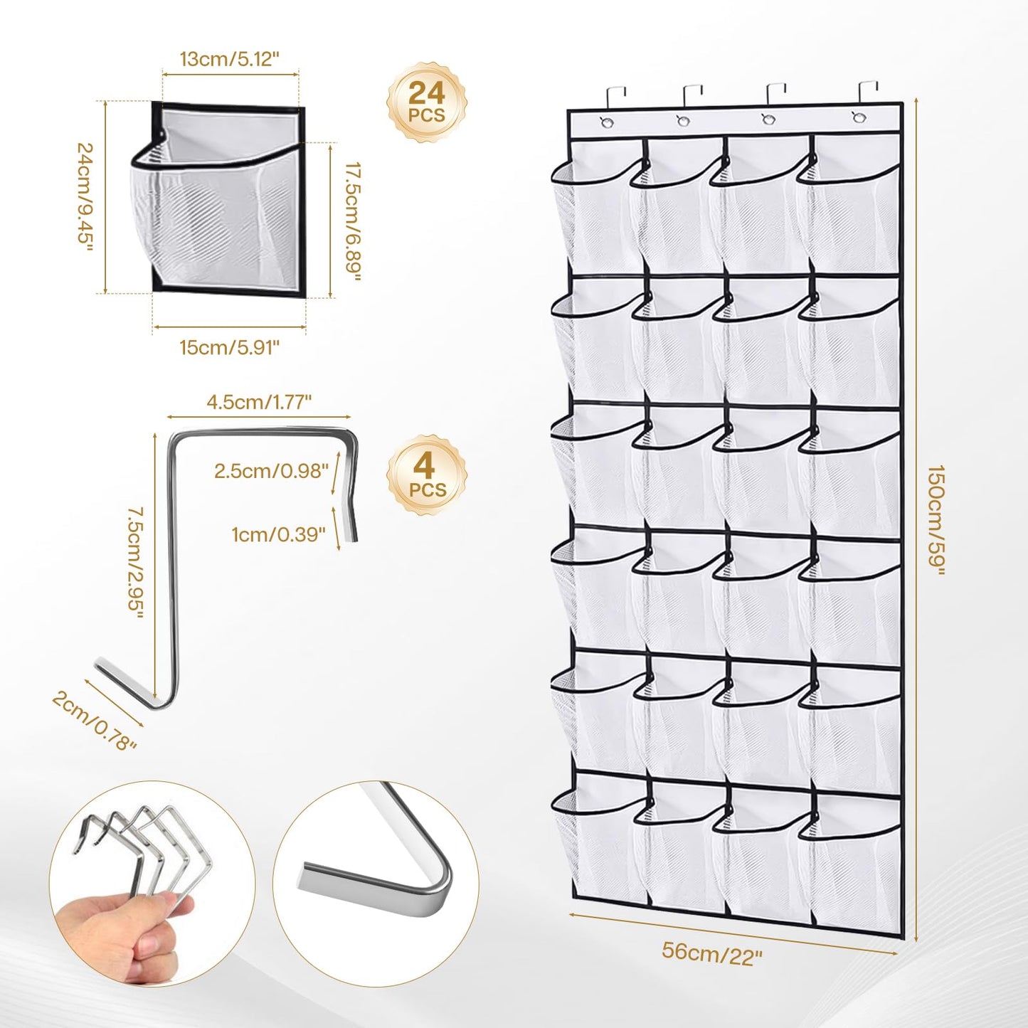 lafo Over Door Shoe Storage, Shoe Organizer with 24 Pockets, Hanging Storage for Closet, Bedroom, Bathroom, 4 Reinforced Hooks