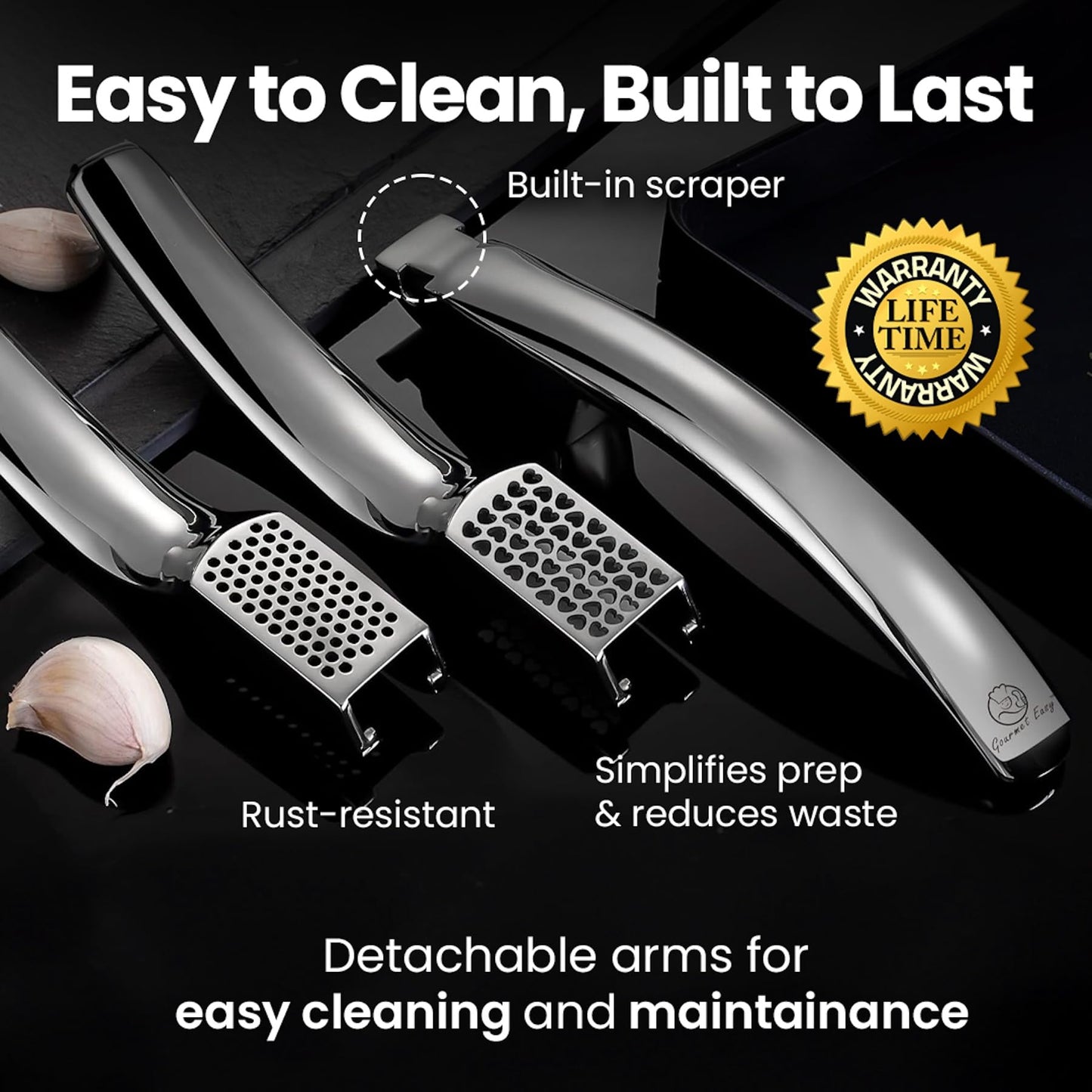 No Peeling Required Garlic Press Stainless Steel with Two Detachable Handles for Coarse & Fine Mincing - Premium Garlic Mincer Tool, Easy to Clean,
