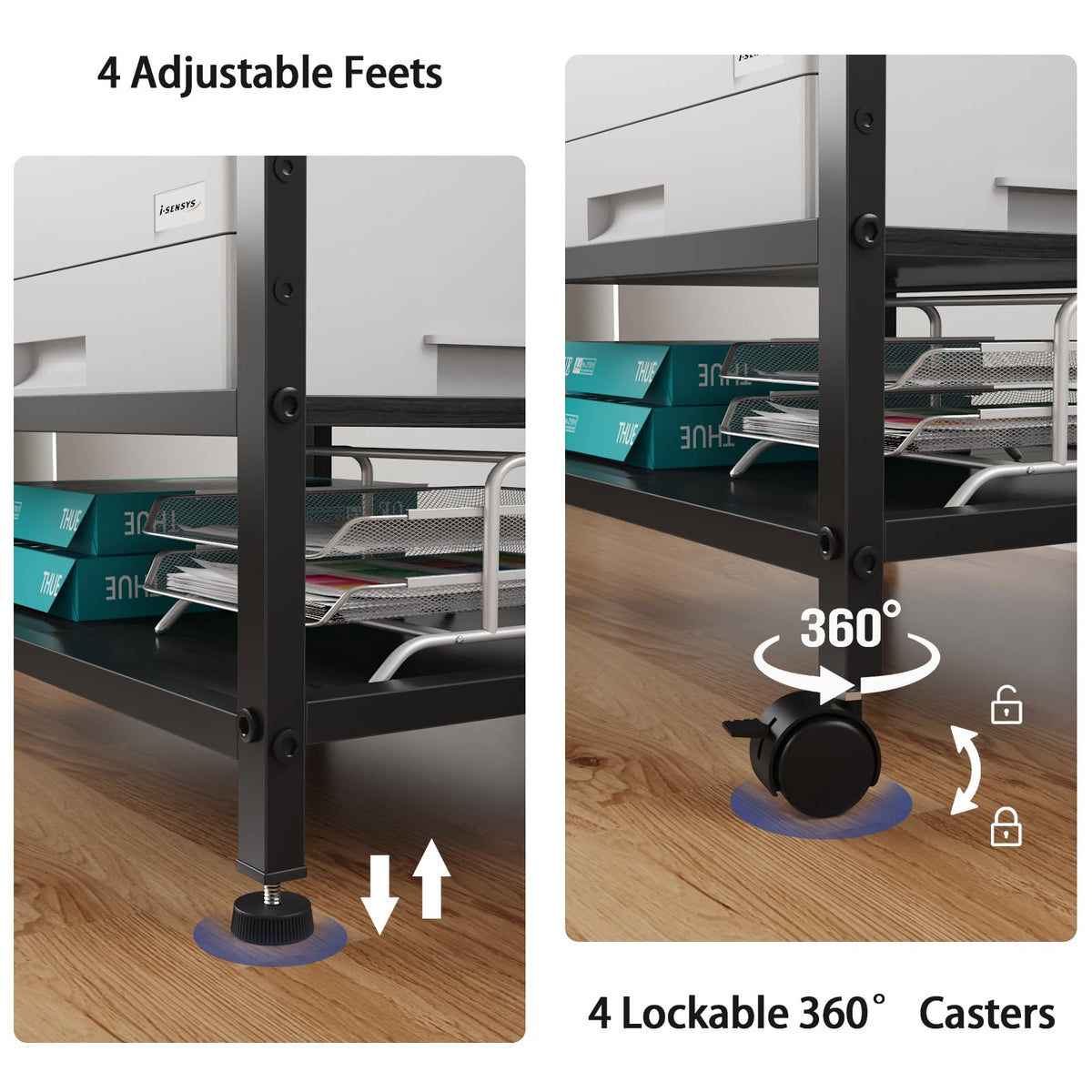 OYRREU 3-Tier Rolling Printer Stand with Outlets for Home, Office, Black