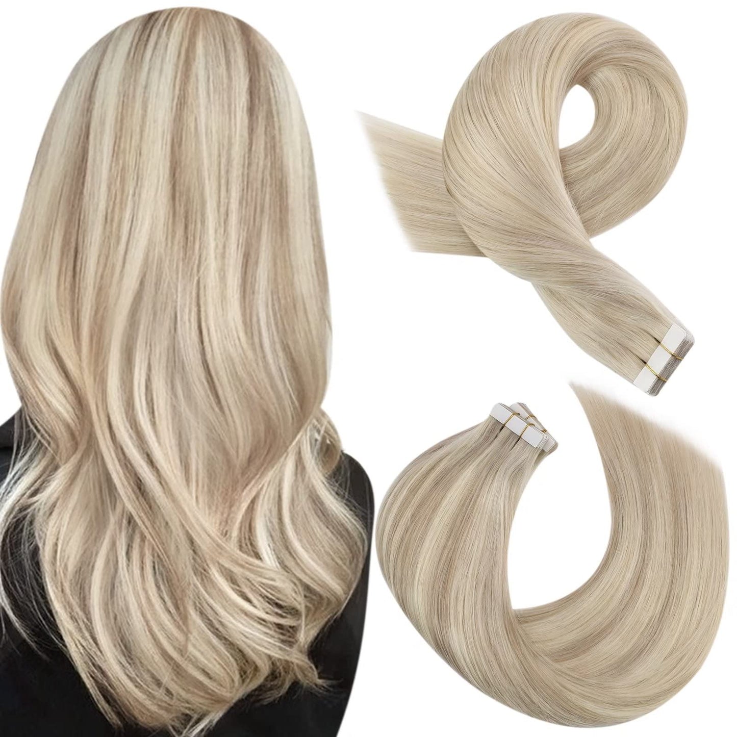 Moresoo Tape in Hair Extensions Human Hair 18 Inch Hair Extensions Tape Real Hair Ash Blonde with Platinum Blonde Tape in Extensions Remy Human Hair