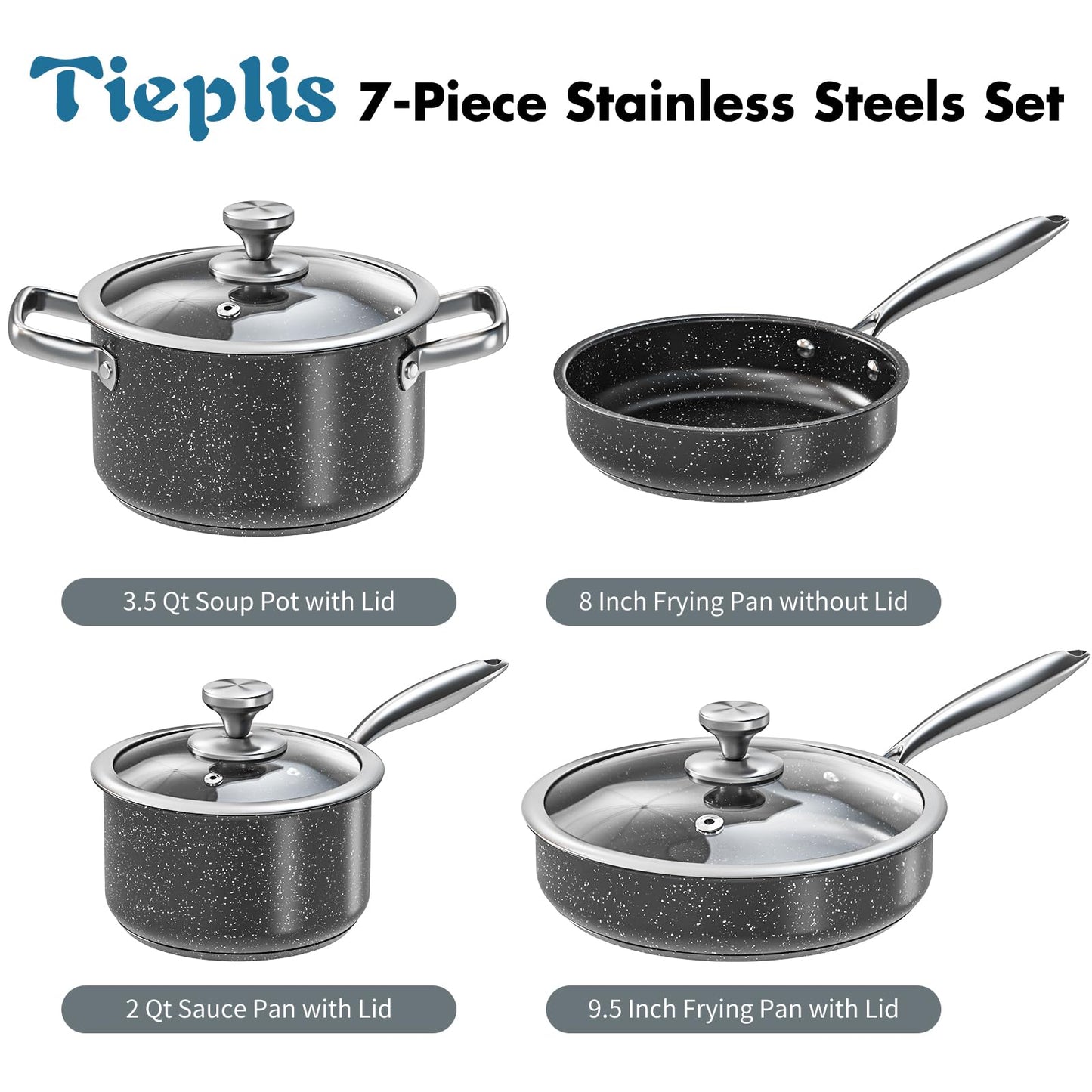 Stainless Steel Pots and Pans Set, 7-Piece Induction Hob Pan Set with Stay Cool Handles, Nonstick Saucepan Set Cooking Pans Set with Glass Lids, Black