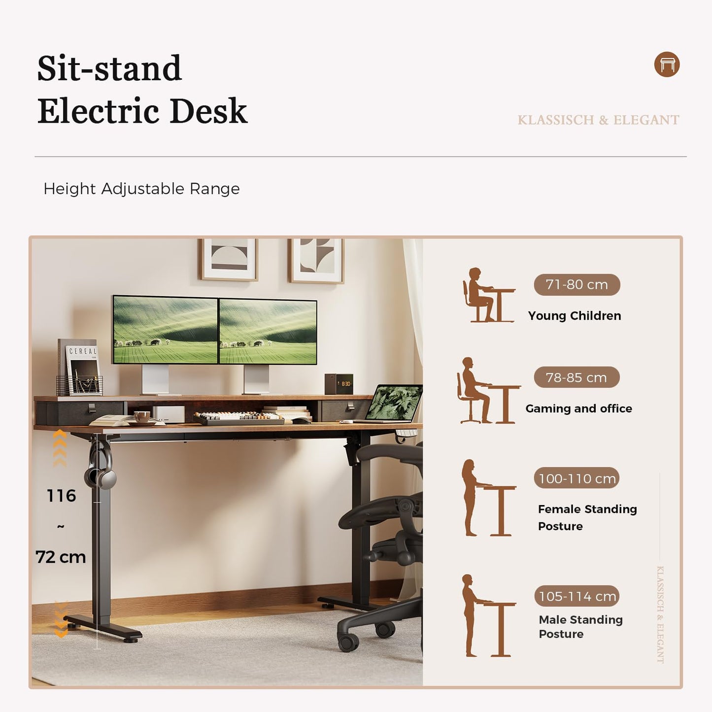Klicelor Electric Height Adjustable Desk, with 2 Fabric Drawers, 100x60cm