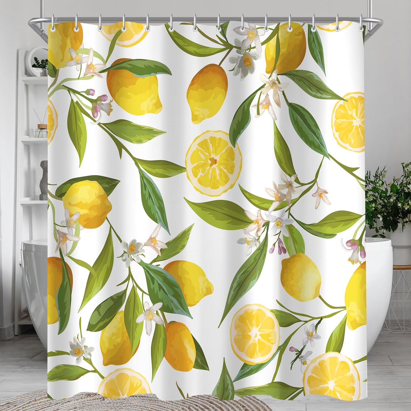 Lerores Shower Curtain, 120 x 200 cm, Lemon Leaf, Weighted Hem, Anti-Mould, Water-Repellent, Washable Polyester Bath Curtains with 8 Eyelets and