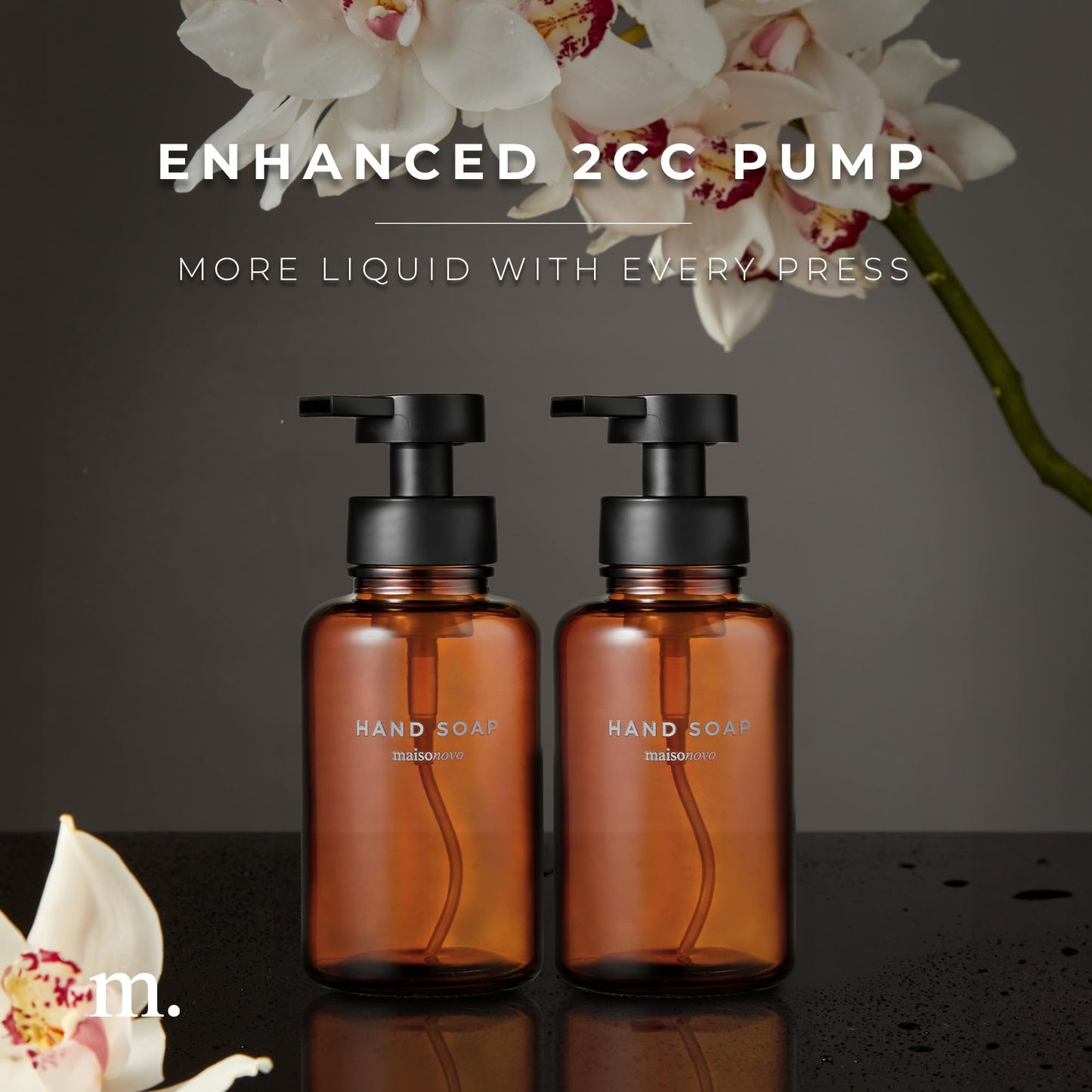MaisoNovo Glass Foaming Soap Dispenser Set of 2-400 ml Amber Glass Foaming Hand Wash Dispenser Black Pumps x 2, Waterproof Labels