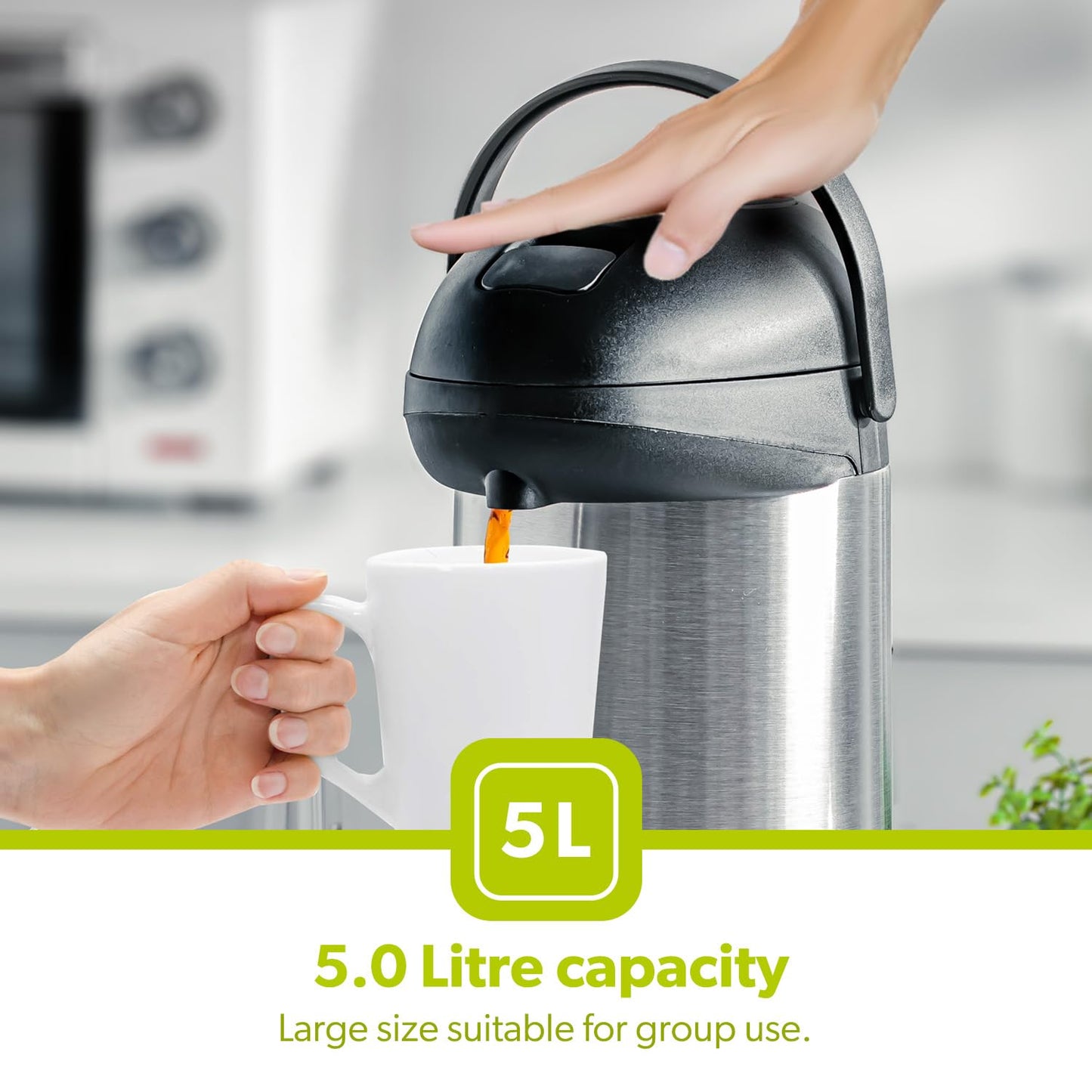 Royalford 5L Stainless Steel Airpot Insulated Vacuum Thermal Flask Jug | Pump Action Airpot Thermal Coffee Flask | Ideal for Hot & Cold Drinks Soup |