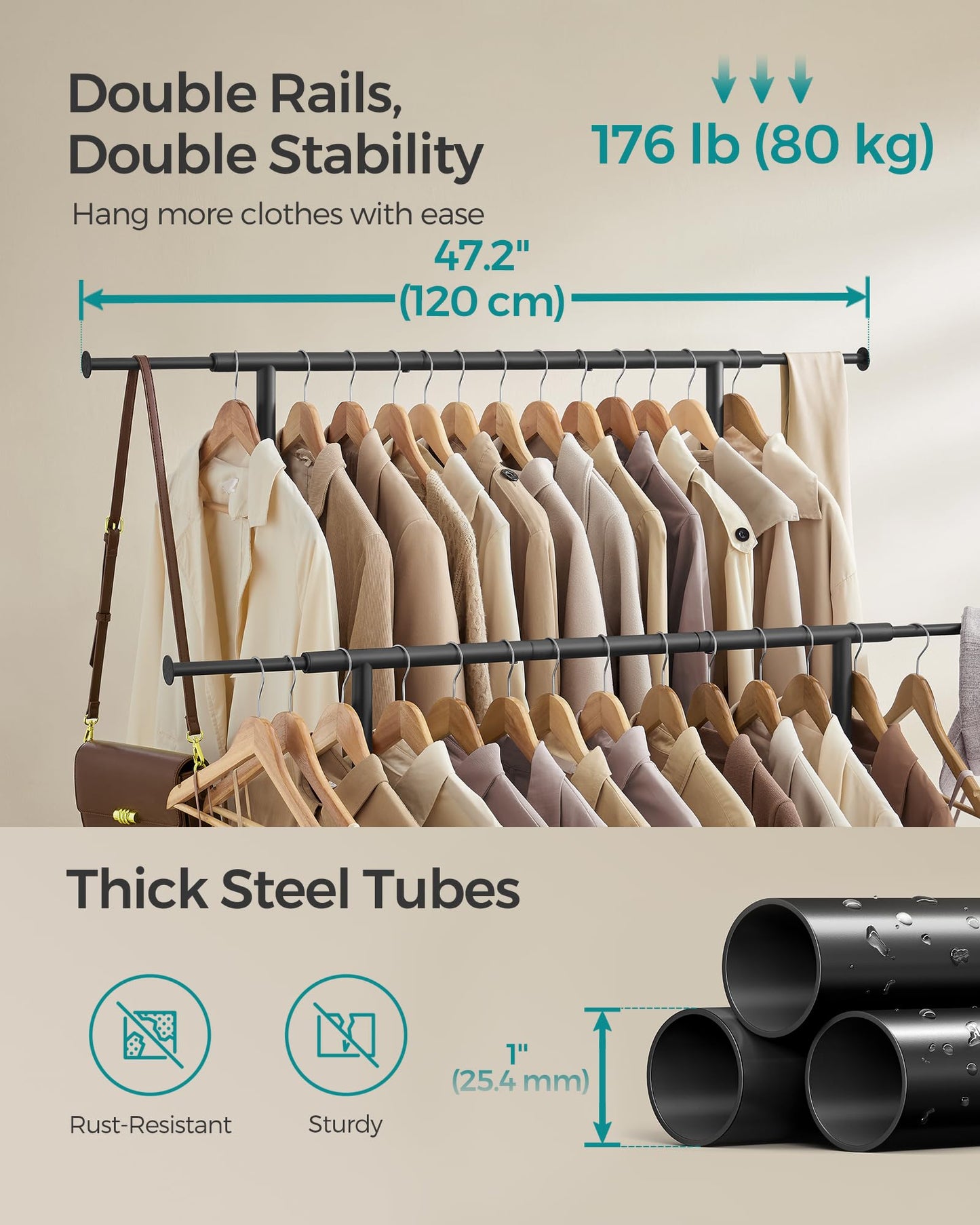 SONGMICS Clothes Rail, Double Clothes Rack on Wheels, Extendable Garment Rack, Heavy-Duty Metal Frame, 80 kg Total Max. Load, 83-120 cm Wide, Ink
