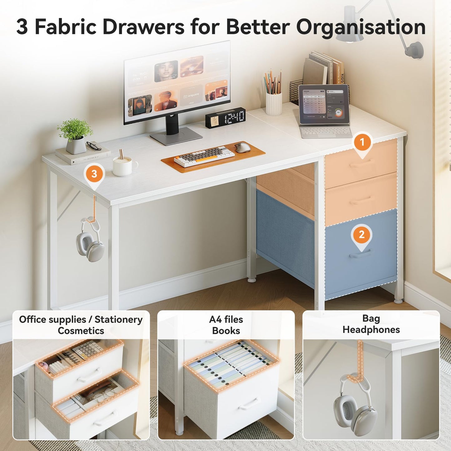 Coleshome Computer Desk with Drawers, 120cm Office Desk with Storage, White
