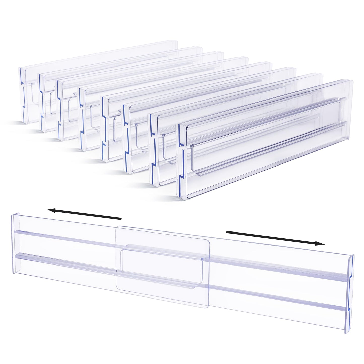 Vtopmart 8 Pack Drawer Dividers, 3.2" High Expandable from 12.2-21.4" Adjustable Drawer Organisers，Clear Plastic Drawers Separators for Clothing
