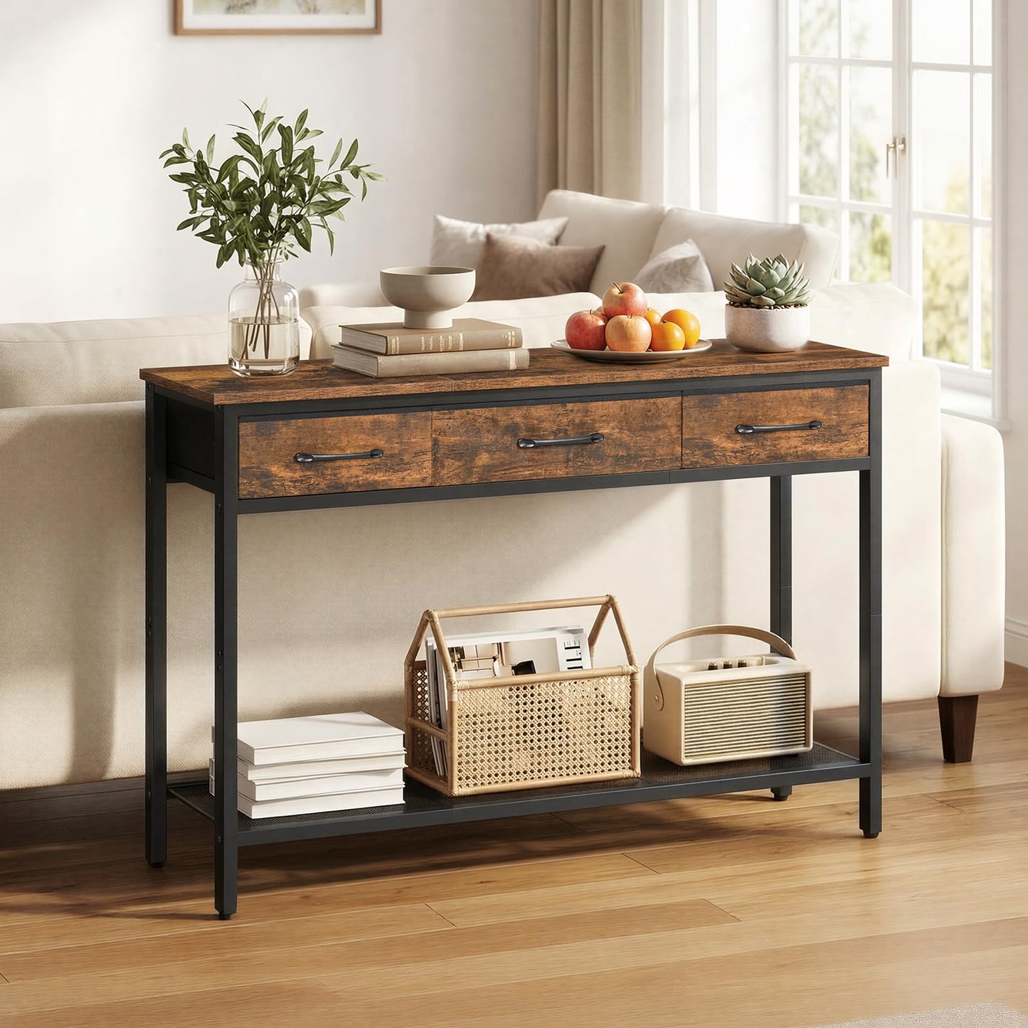 MAHANCRIS Console Table with 3 Fabric Drawers, Narrow Console Table with Open Shelf, 97 cm L Slim Entryway Table, Couch Table, for Hallway