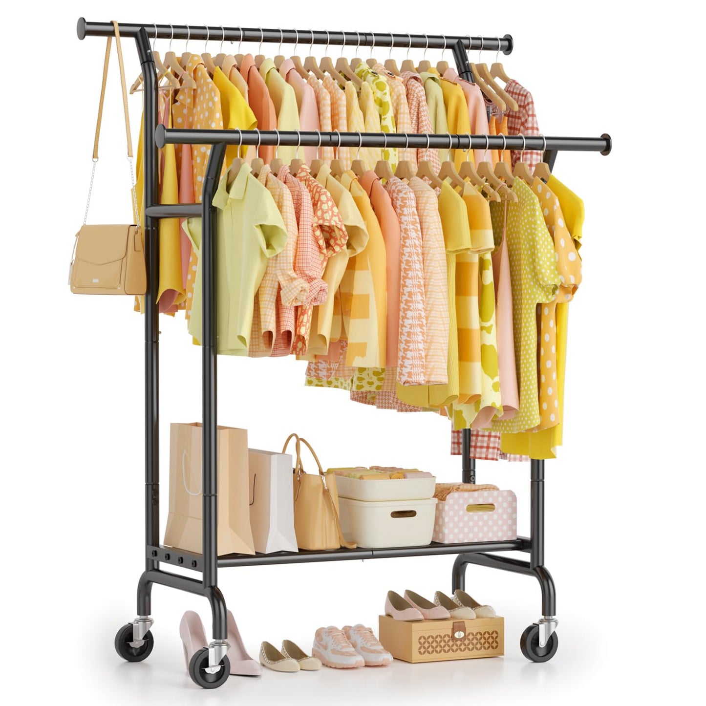 EAGMAK Double Clothes Rail on Wheels Load 120 KG, with Storage Shelf, Black