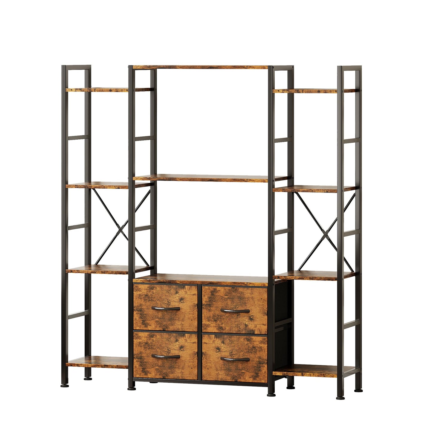 VERMESS 122W x142H cm Triple Book Shelf, 4 Tier Industrial Bookshelf for Home & Office, 47" Wide Large Shelving Unit with 4 Adjustable Fabric Drawers