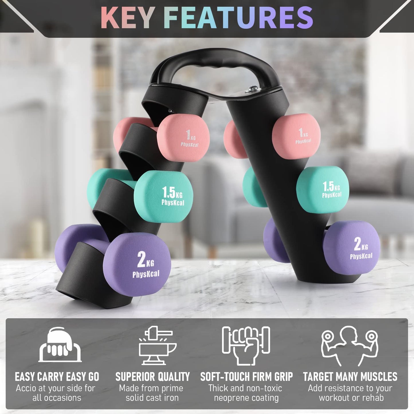 PhysKcal Dumbbells Set with Carry Stand, 2 x 1kg, 2 x 1.5kg, 2 x 2kg, Neoprene Coating Soft Grip Arm Weights for Women, Hand Weights Set for Ladies,