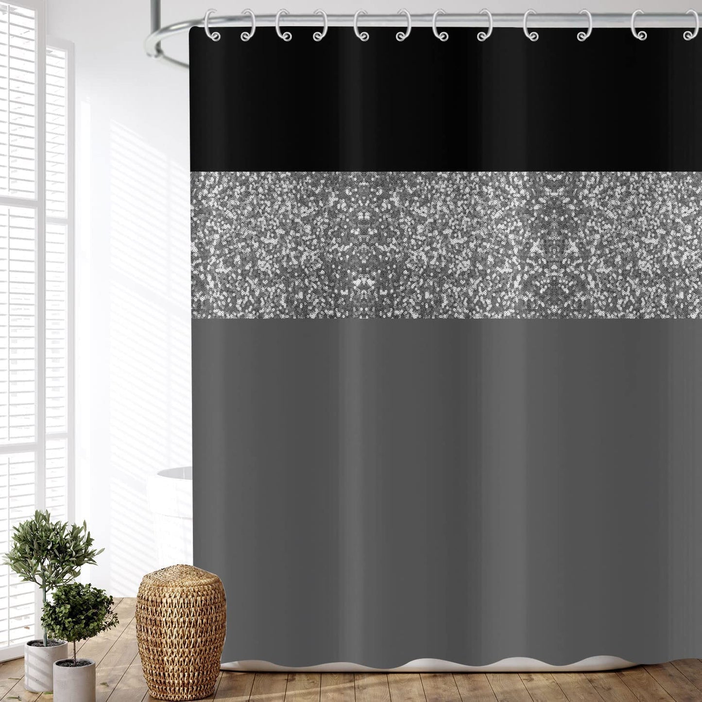 ASDCXZ Shower Curtain Glitter 180x180 cm, Modern Black Grey Glitter Silver Splicing Waterproof Textile Bath Shower Curtains Washable Polyester Fabric