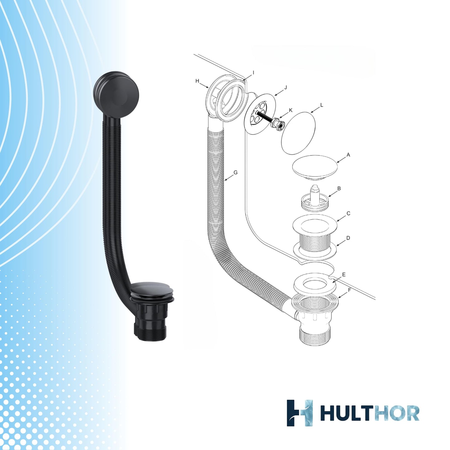 Hulthor Bath Waste & Overflow Kit – Universal 1.5" Click Clack Plug Set with Pop-Up Mechanism – Compatible with Standard UK Bathtubs (Black)