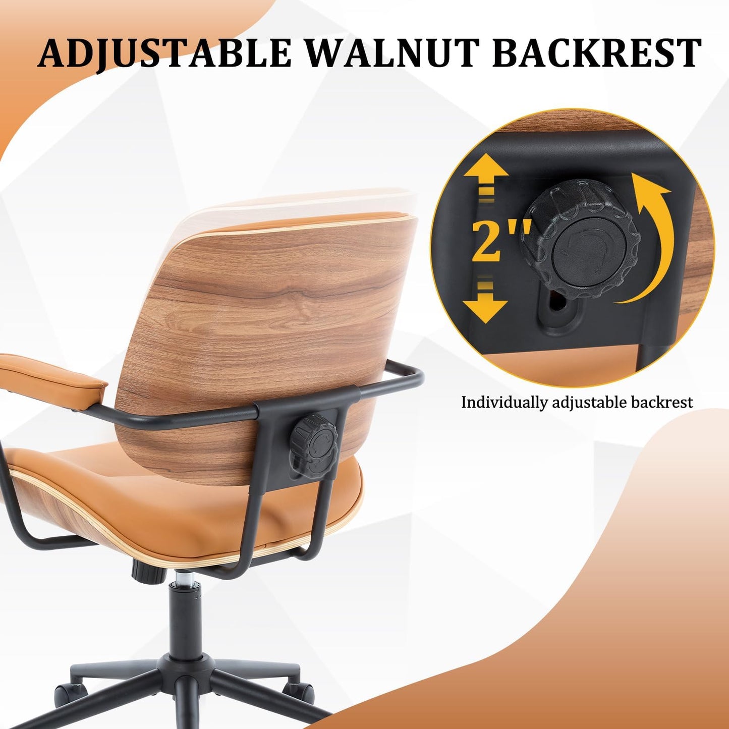 BERYTH Office Computer Desk Chair Mid Century Modern Office Chair Swivel Rolling Task Chair with Armrests and Walnut Back, Adjustable