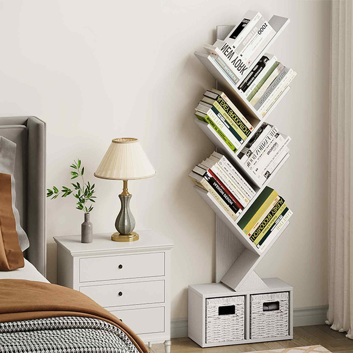 Vagusicc 6 Tier Tree Bookshelf with 2 Storage Baskets, Tall Display Shelf Organizer for Books, Magazines, Home Decor