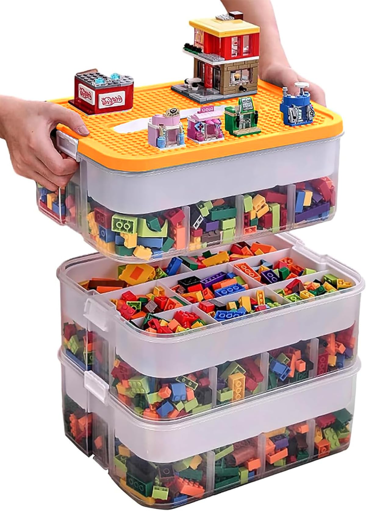 Storage Organiser for Lego 3 Layers Stackable Kids Toy Box With Base Plates Lids Plastic Multi Compartment Building Blocks Craft Sorting Container
