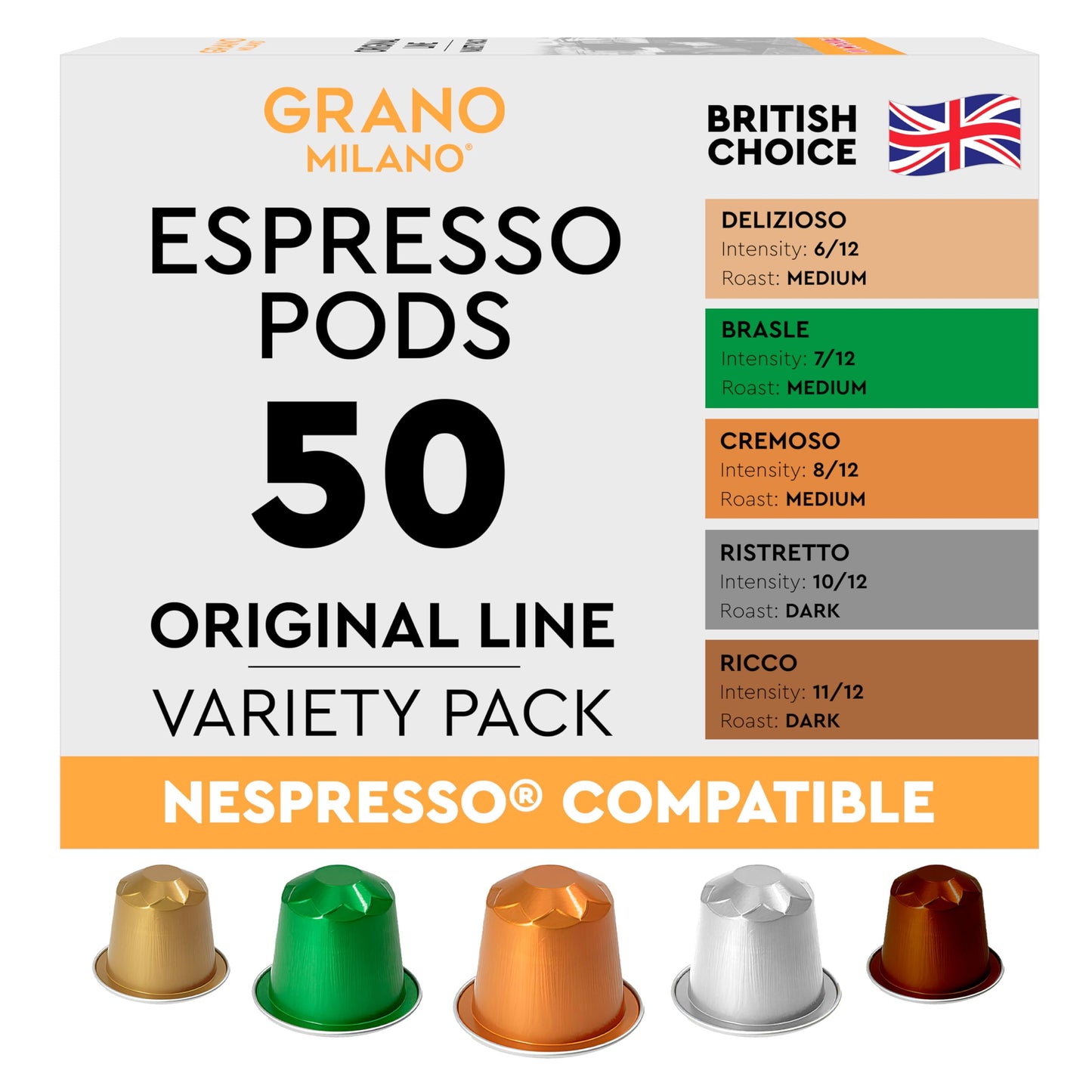 Grano Milano Variety Pack Coffee Capsules - 50 Aluminium Coffee Pods Compatible with Nespresso Original Line, Medium And Dark Roast, Made In Italy