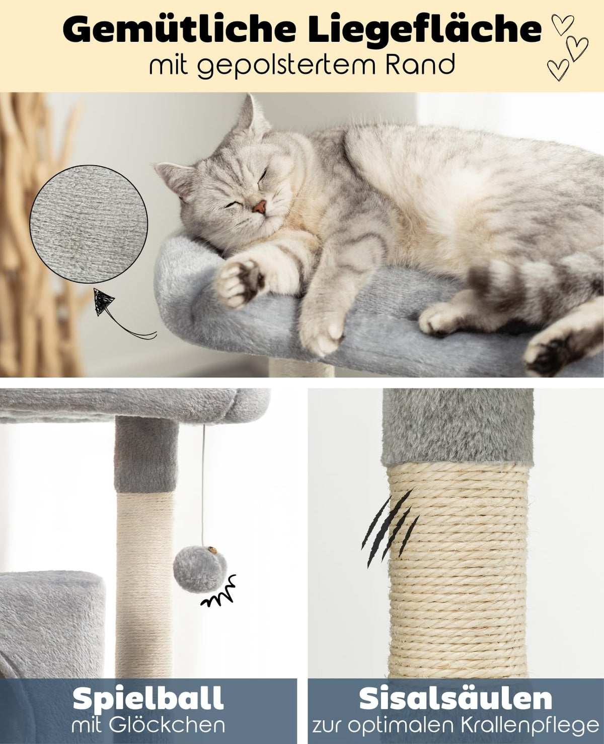 lionto Scratching tree for cats with 2 caves & cozy lying area, height 80 cm, cat tree with plush ball incl. bell, with sisal rope & plush, suitable