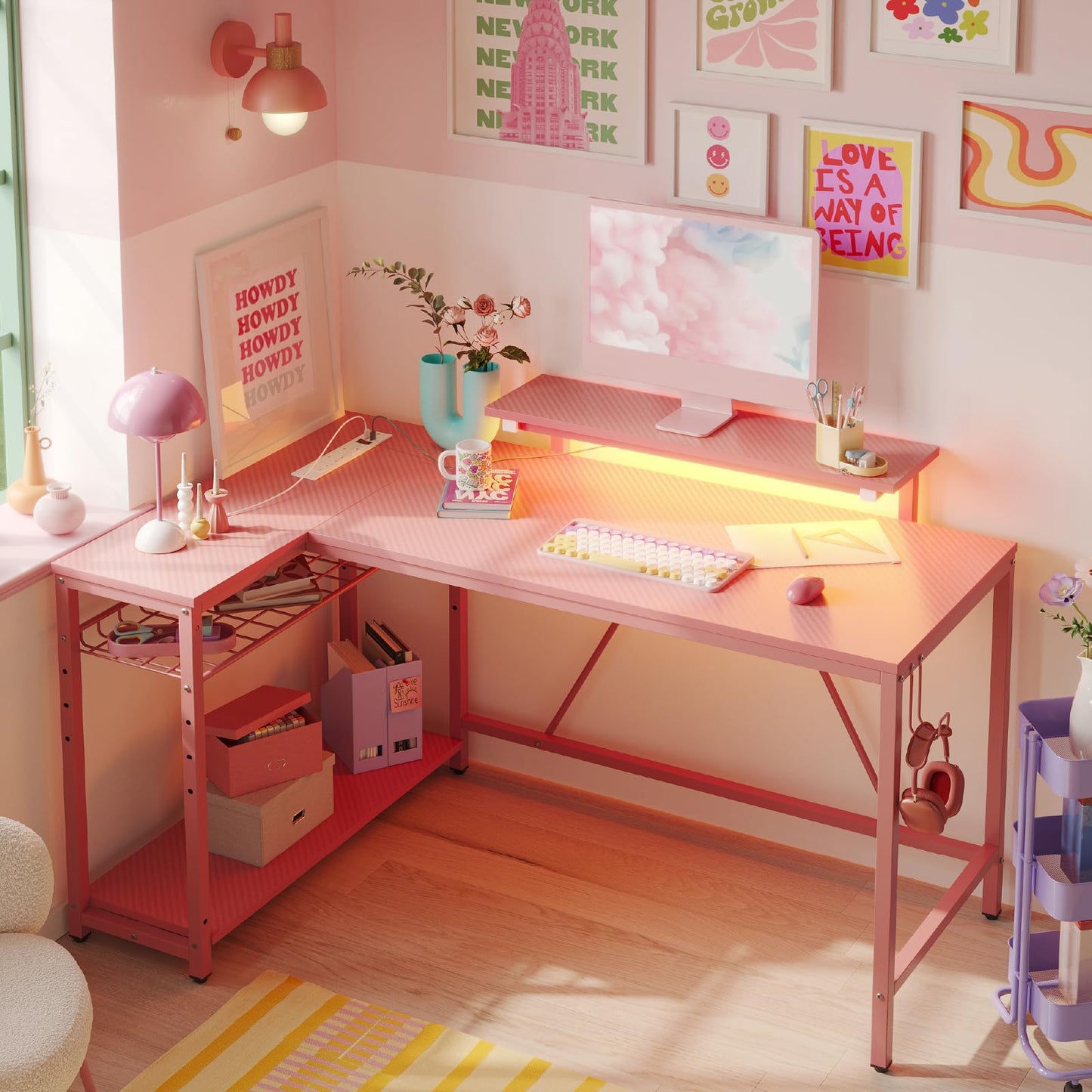 Bestier L-Shaped RGB Gaming Desk 132CM with Power Outlets & USB, Reversible Corner Setup with Shelves & Hooks