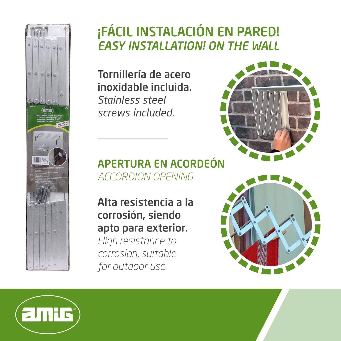 Amig - Wall Mounted Clothes Airer | Aluminium Drying Length | Extendable Clothes Line with 5 Bars | Dimensions: 120 x 14 x 3 cm | Foldable Clothes