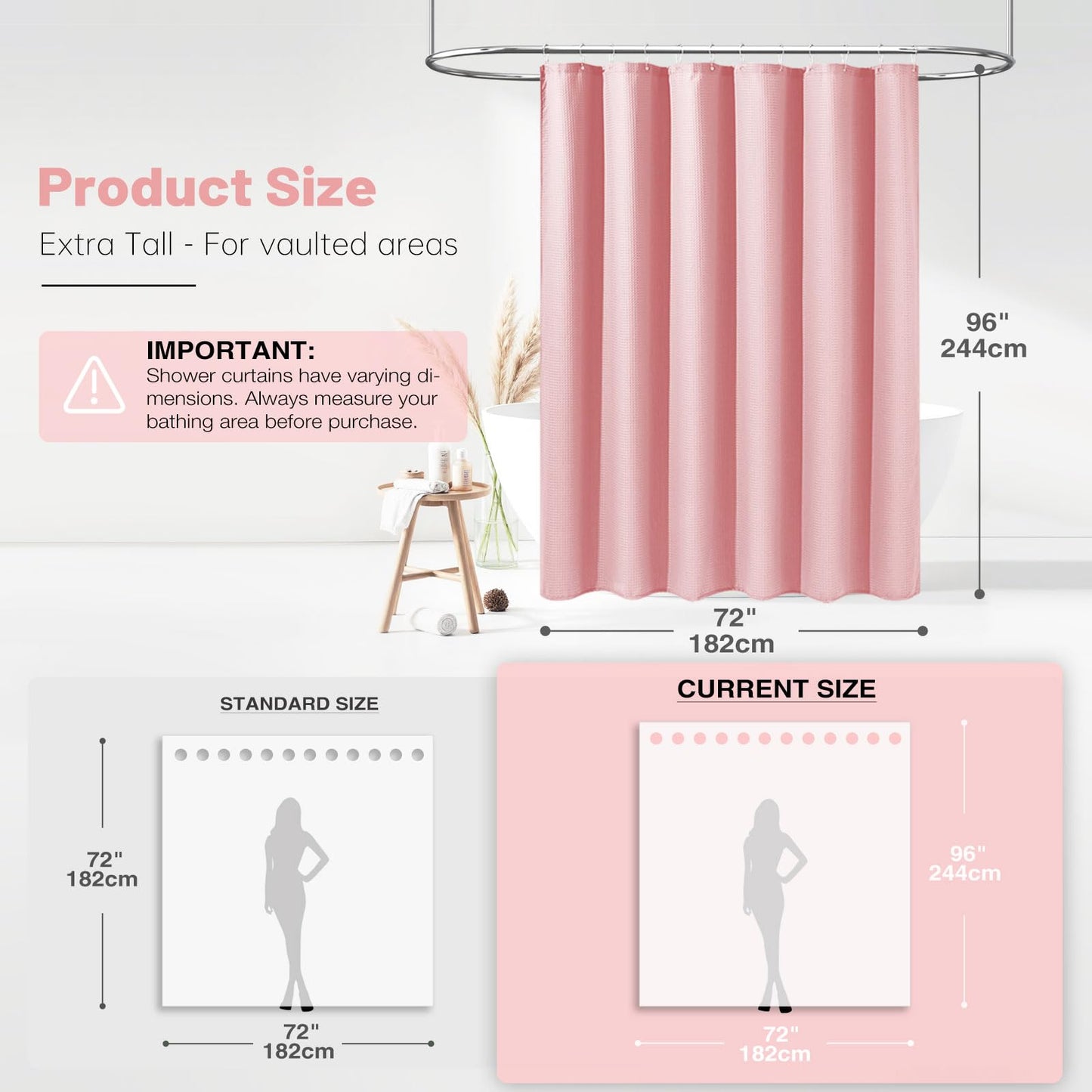 BTTN Extra Long Waffle Shower Curtain, Waterproof, 182x244cm, Pink