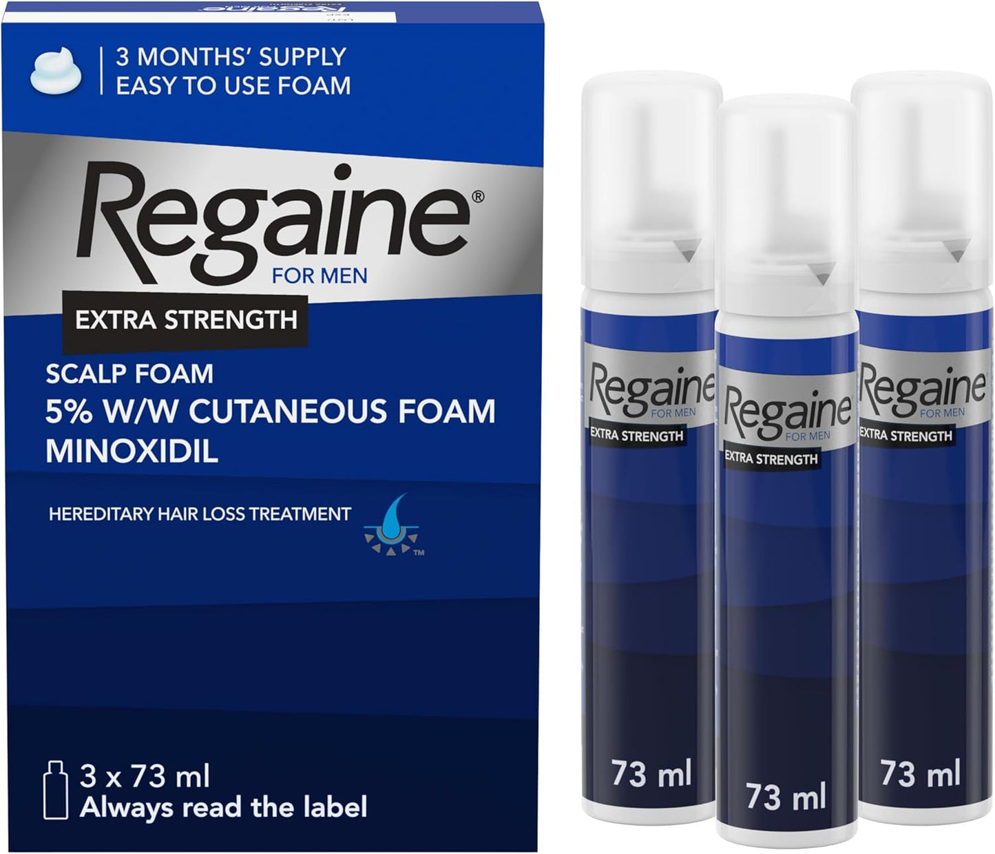 Regaine For Men Extra Strength Foam 3x73ml, Expiry date 10/28, New but open, scruffy box, bagged