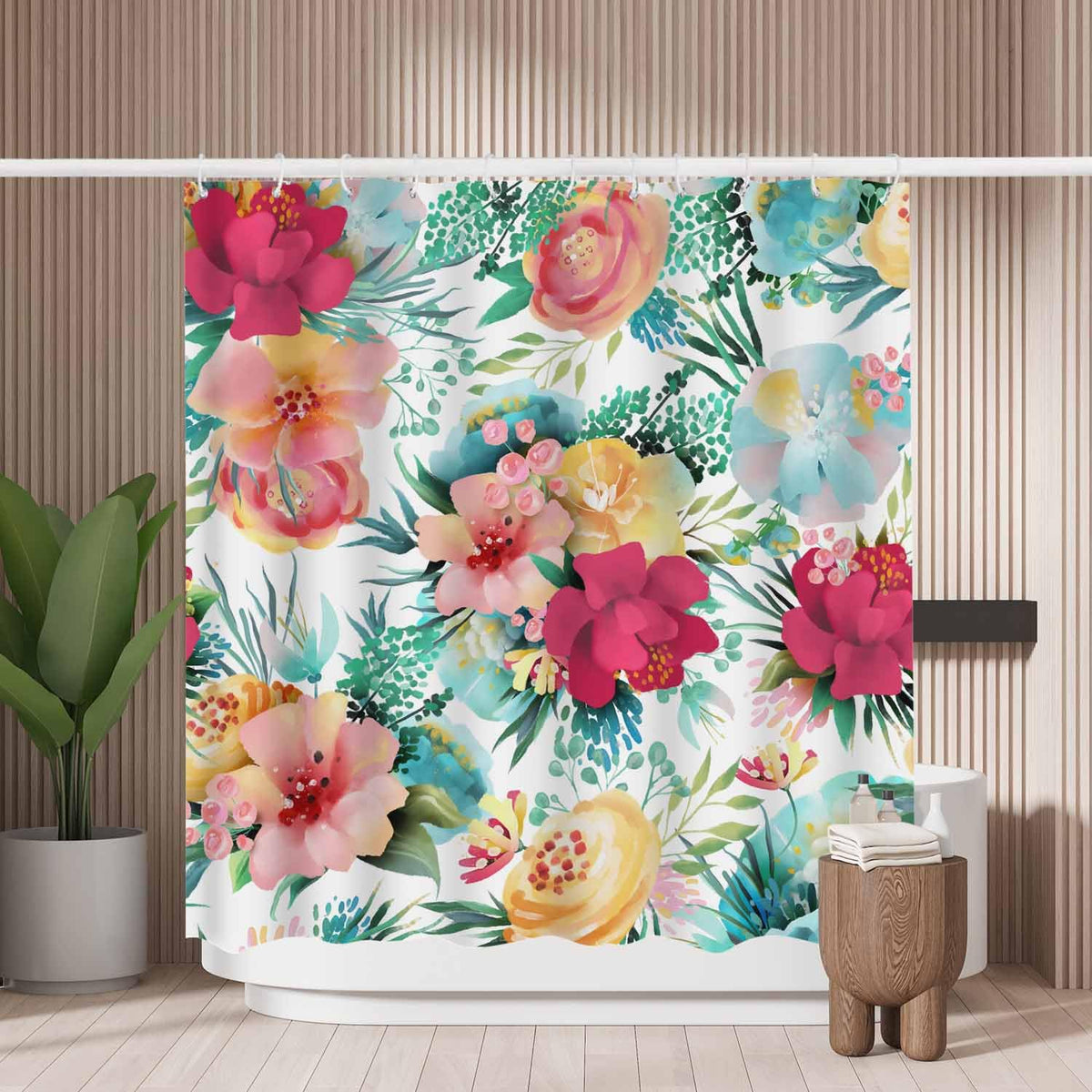Woutay Shower Curtain Water Repellant Fabric Beautiful Flowers,Mould Proof Resistant,Polyester,with 12 Plastic Hooks