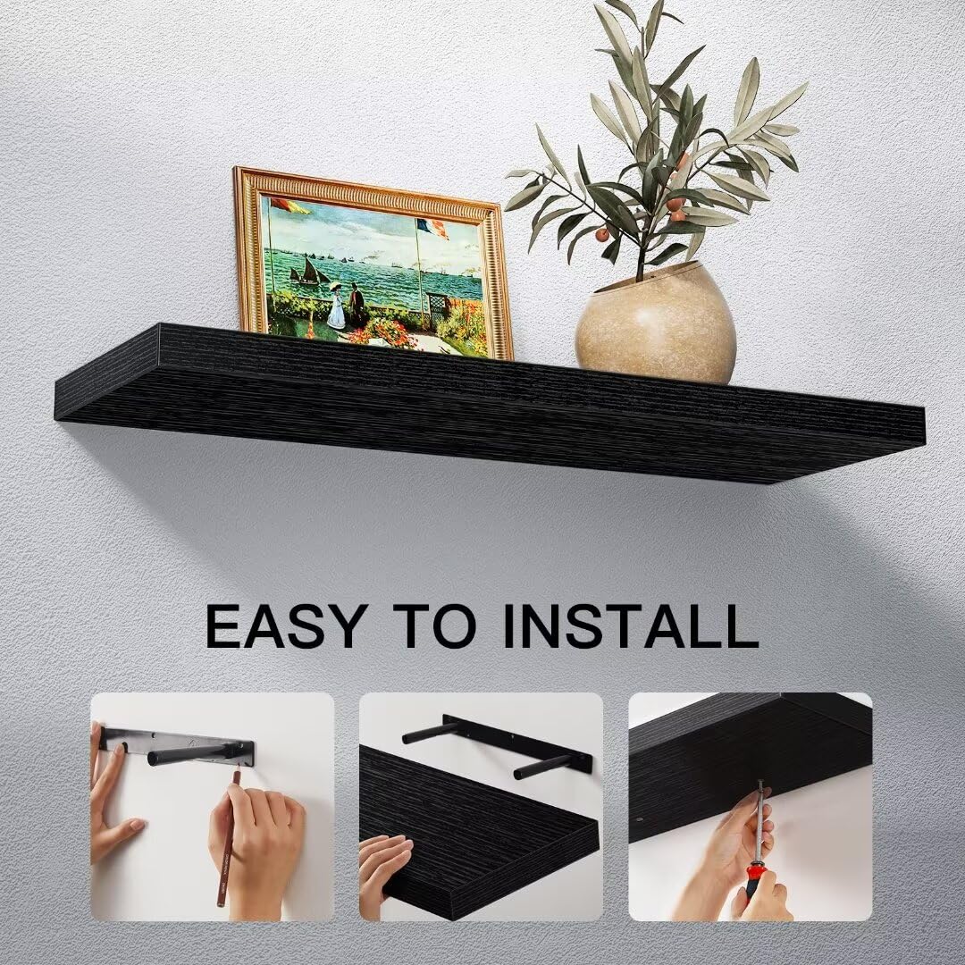 STOREMIC Floating Shelves Black Shelves 60cm, Set of 2 Shelves Easy to Install, Modern Decorative Wall Shelves with Large Storage for Bedroom,