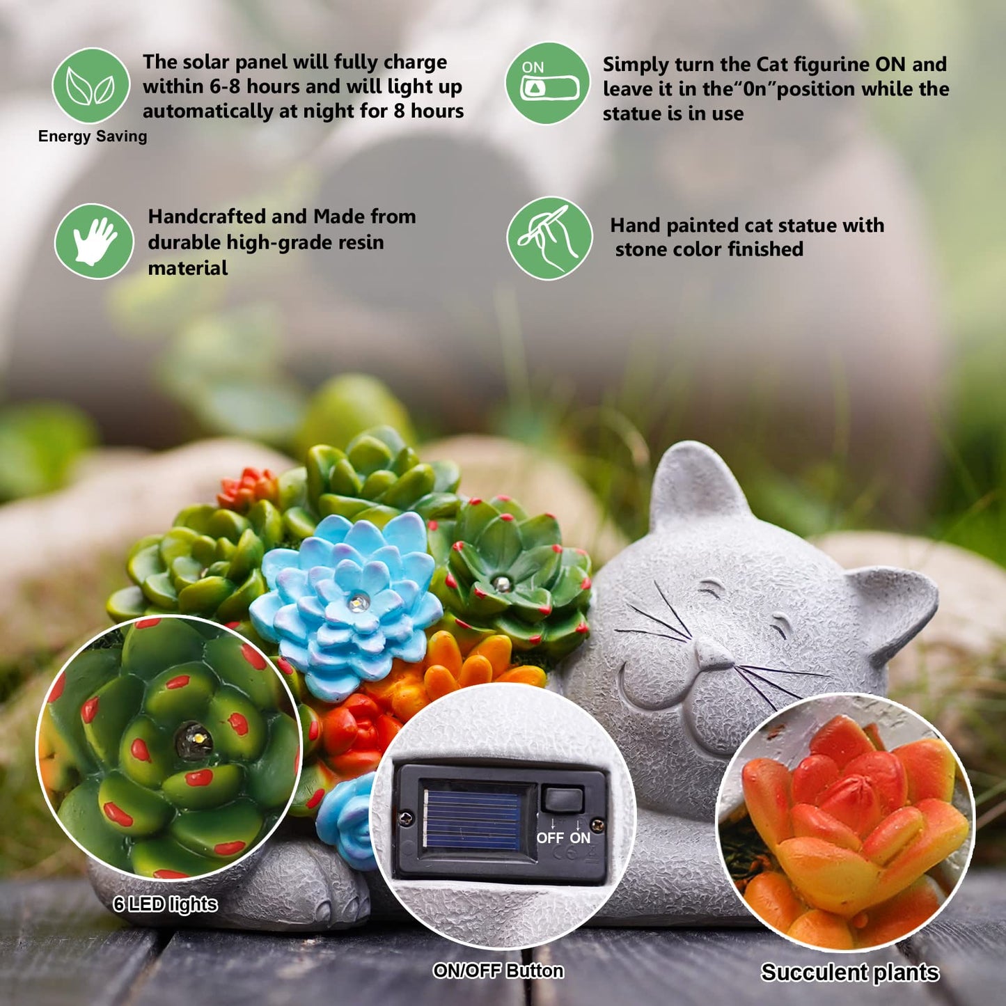 Goodeco Cat Statue Solar Garden Ornaments Outdoor Decor Waterproof Resin Cat Figurines with Succulent 6 LED Solar Lights decoration for Home Yard
