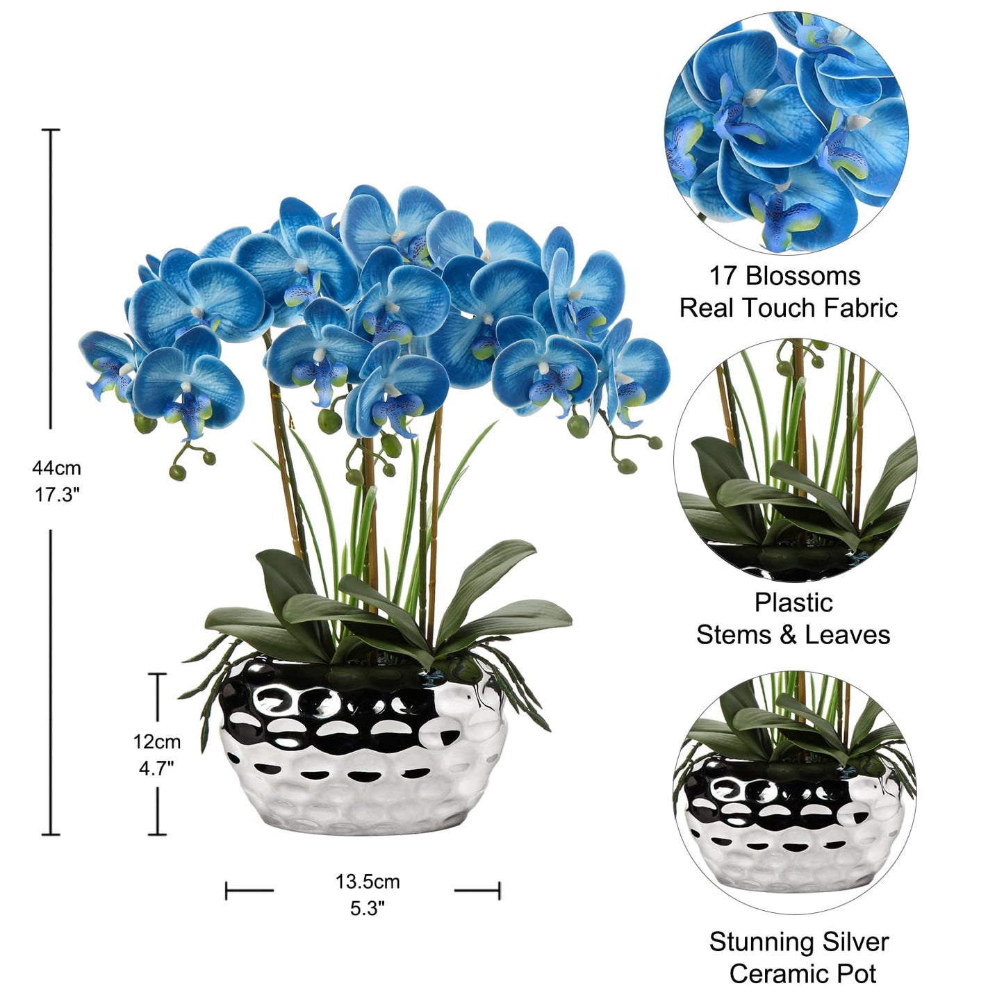 Briful 17" Artificial Orchid Phalaenopsis Flowers Decorative Orchid Bonsai Fake Flowers Silk Orchid Flower with Silver Ceramic Pot for Table