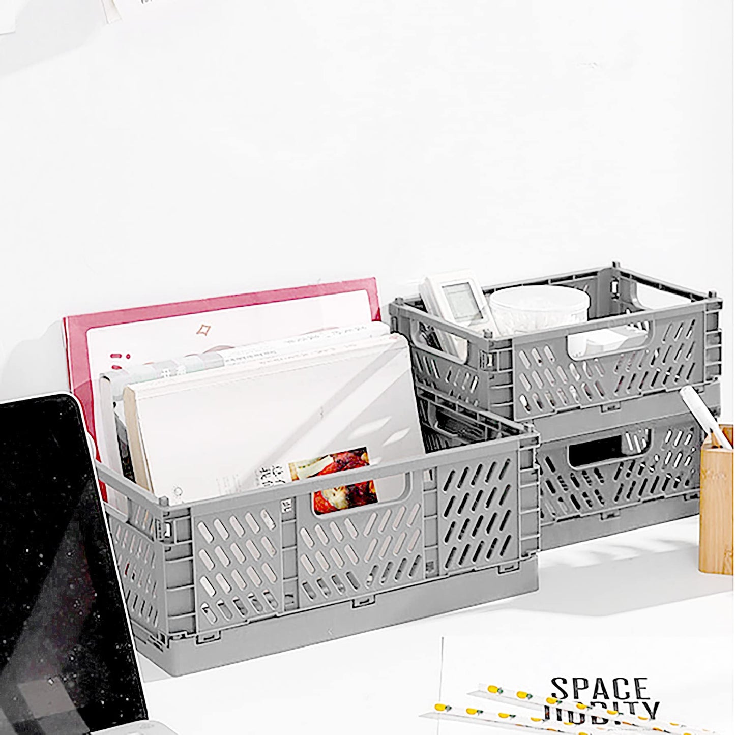 Spesh 4 Pcs Collapsible Crates Storage Boxes Stackable Storage Baskets Plastic Folding Crate Boxes with Handles for Kitchen,Living