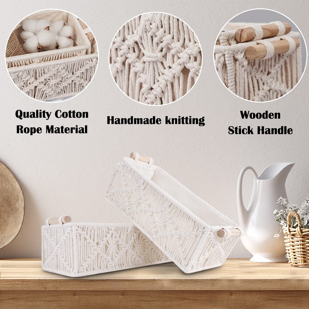 2Pcs Macrame Storage Baskets with Wooden Handles, BOJVESH White Boho Bathroom Decor Woven Baskets for Shelves