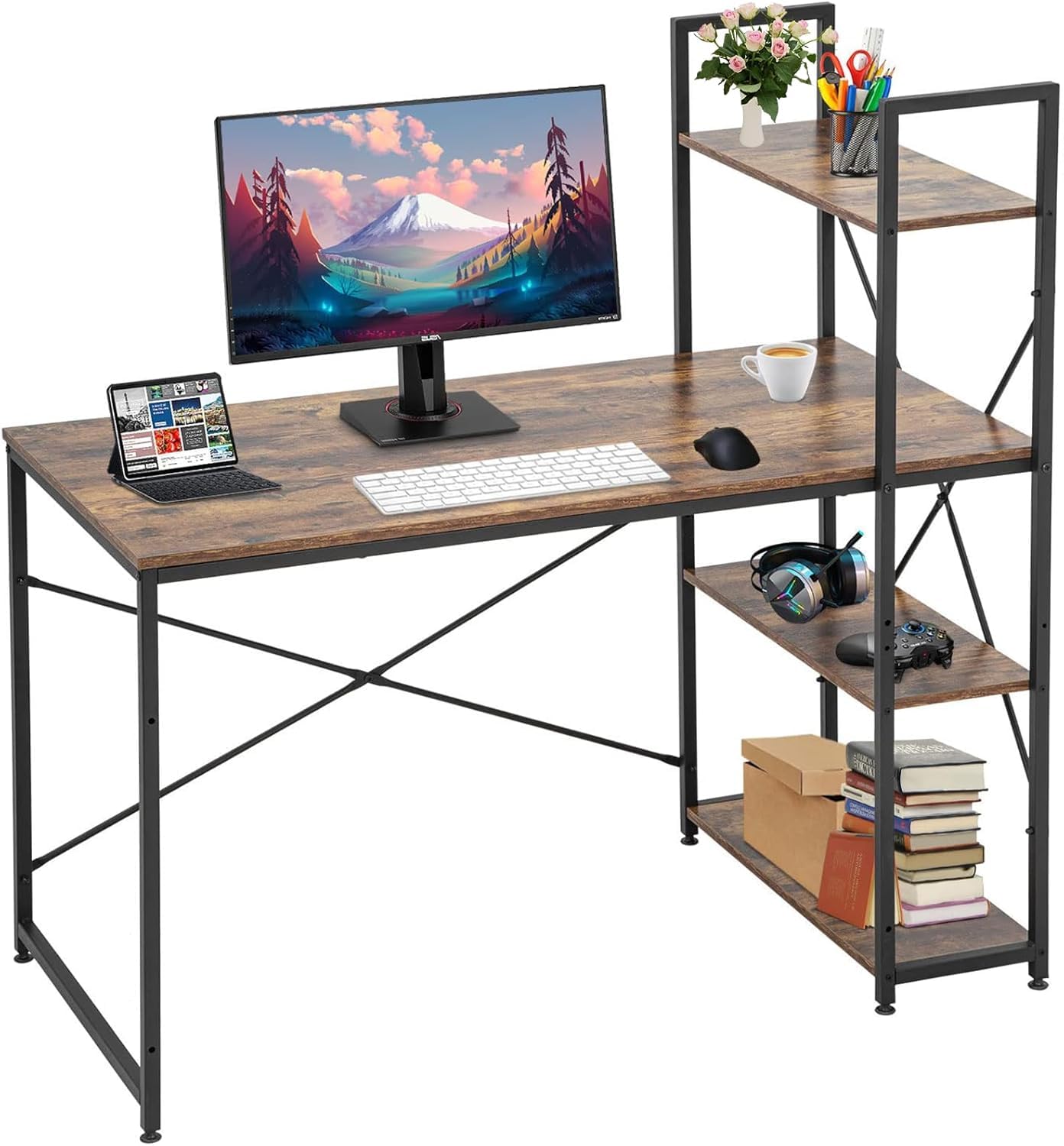 YOBWOK Computer Desk with 4 storage shelves,Writing Desk with Storage Shelves on Left or Right,120x60x72cm Wide Home Office Desk, for Study