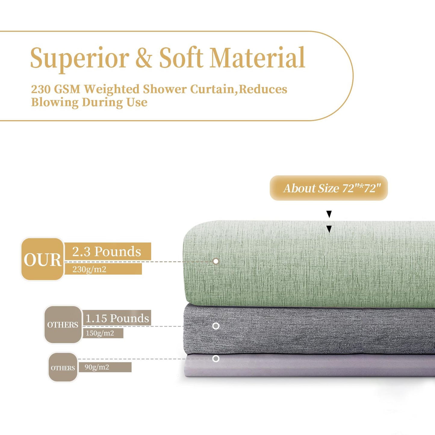 FY&XZH Linen-Texture Fabric Shower Curtain Set with Stainless Steel Hooks,230 GSM Heavy Luxury Weighted Bath Curtain,Water-resistant& Washable Cloth