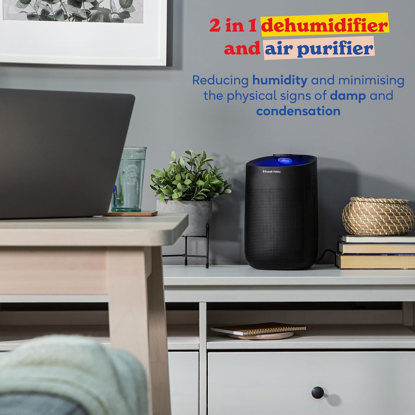Russell Hobbs RHDH1101B Ozone Free, 750ml/day 2 in 1 Black Dehumidifier/Air Purifier, 20m2 Room Size, LED Lighting & Captures Bacteria, for Home,